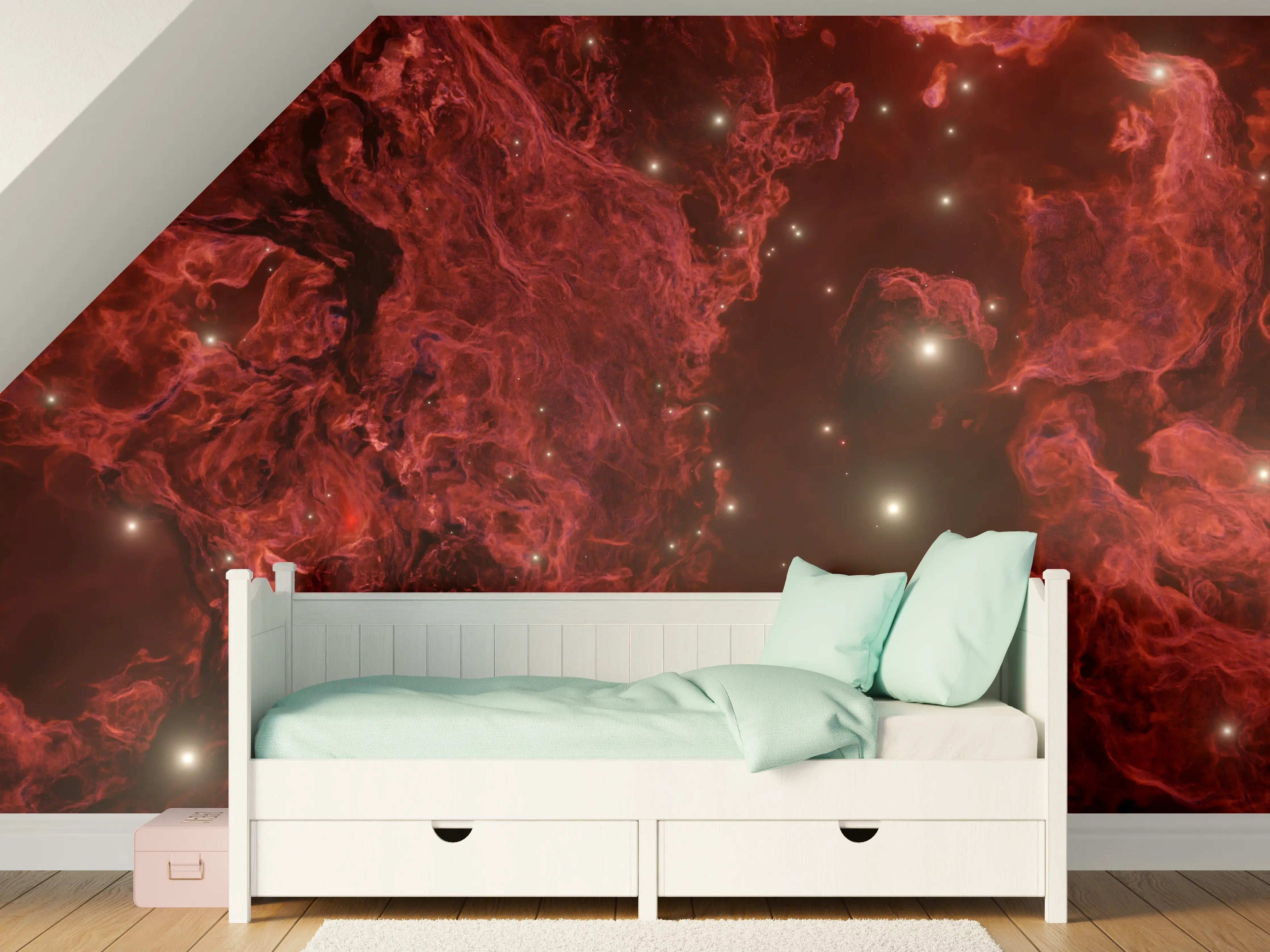 Kinderzimmer Wandgestaltung - Kosmischer Nebel in tiefem Rot mit Sternenlichtern