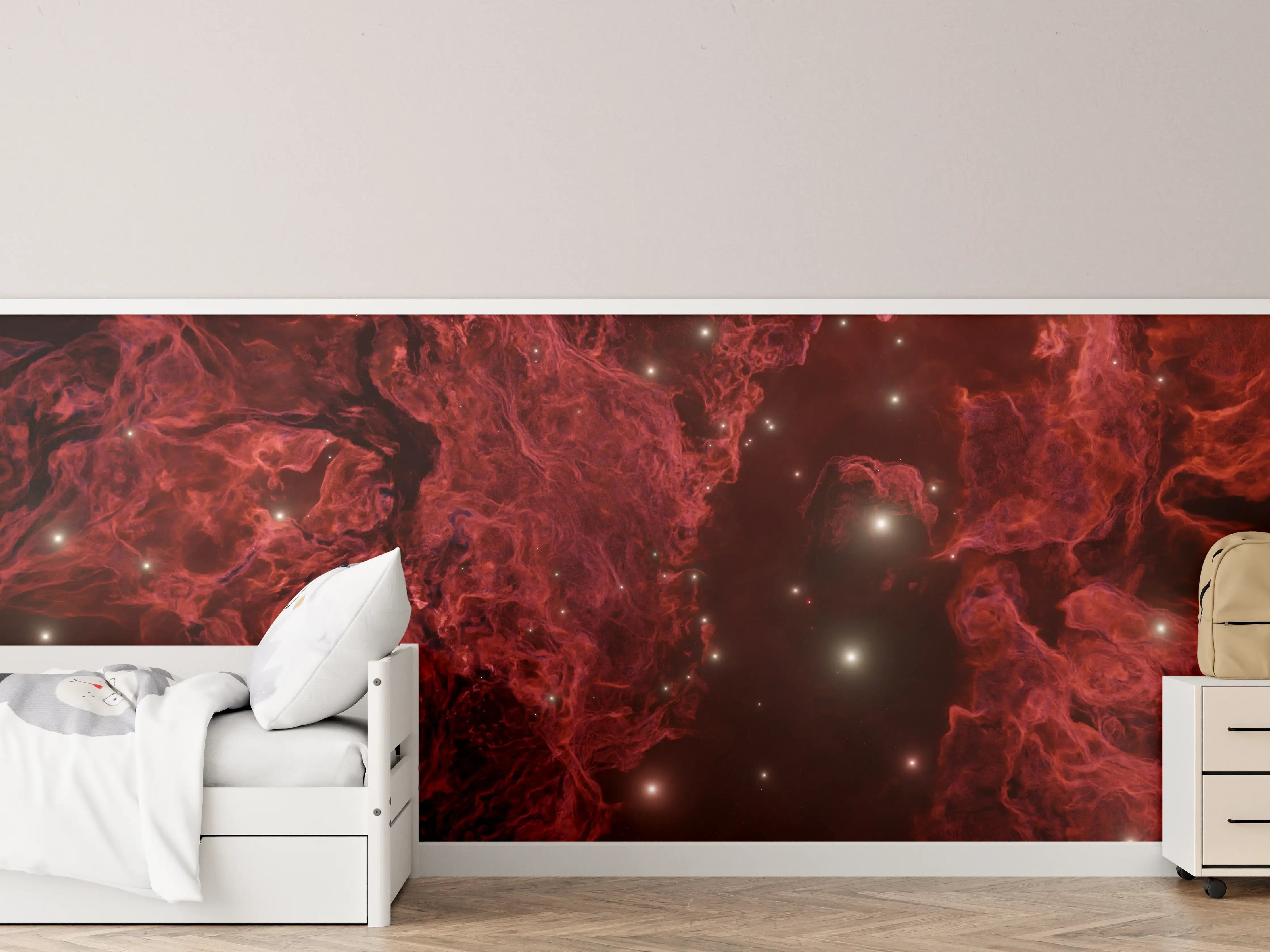 Kinderzimmer Wandgestaltung - Kosmischer Nebel in tiefem Rot mit Sternenlichtern