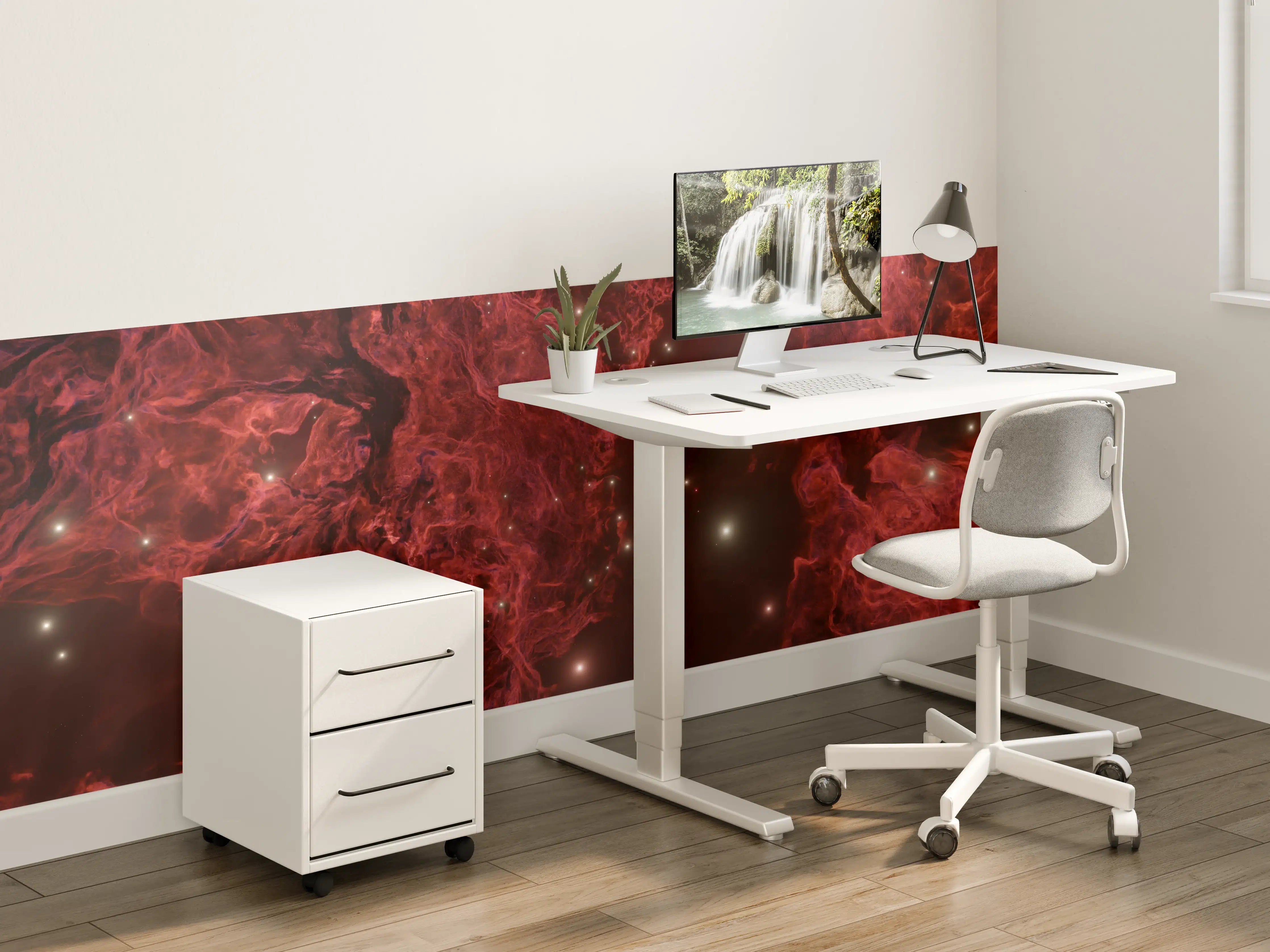 Kinderzimmer Wandgestaltung - Kosmischer Nebel in tiefem Rot mit Sternenlichtern