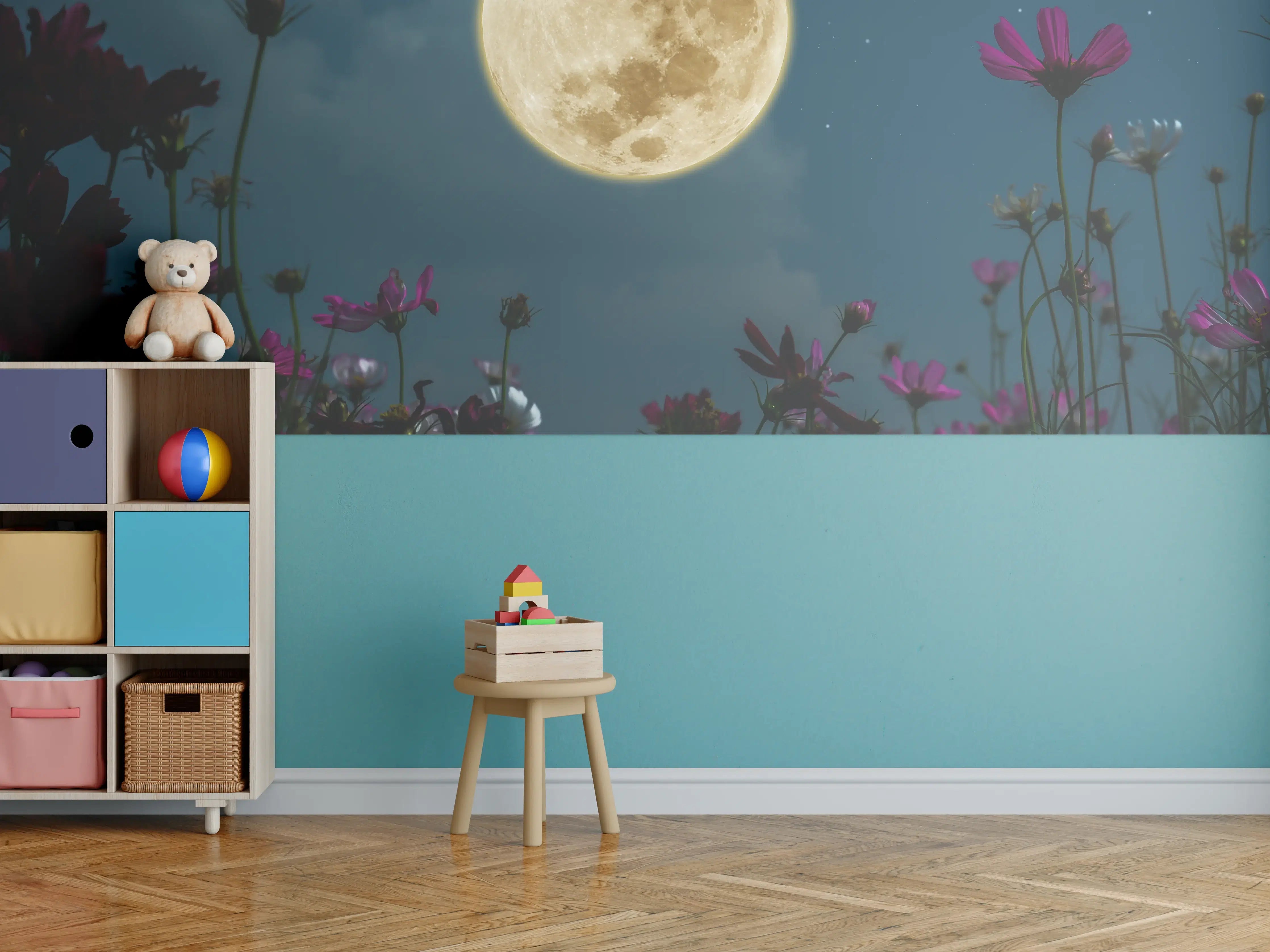 Kinderzimmer Wandgestaltung - Kosmosblüten bei Vollmond