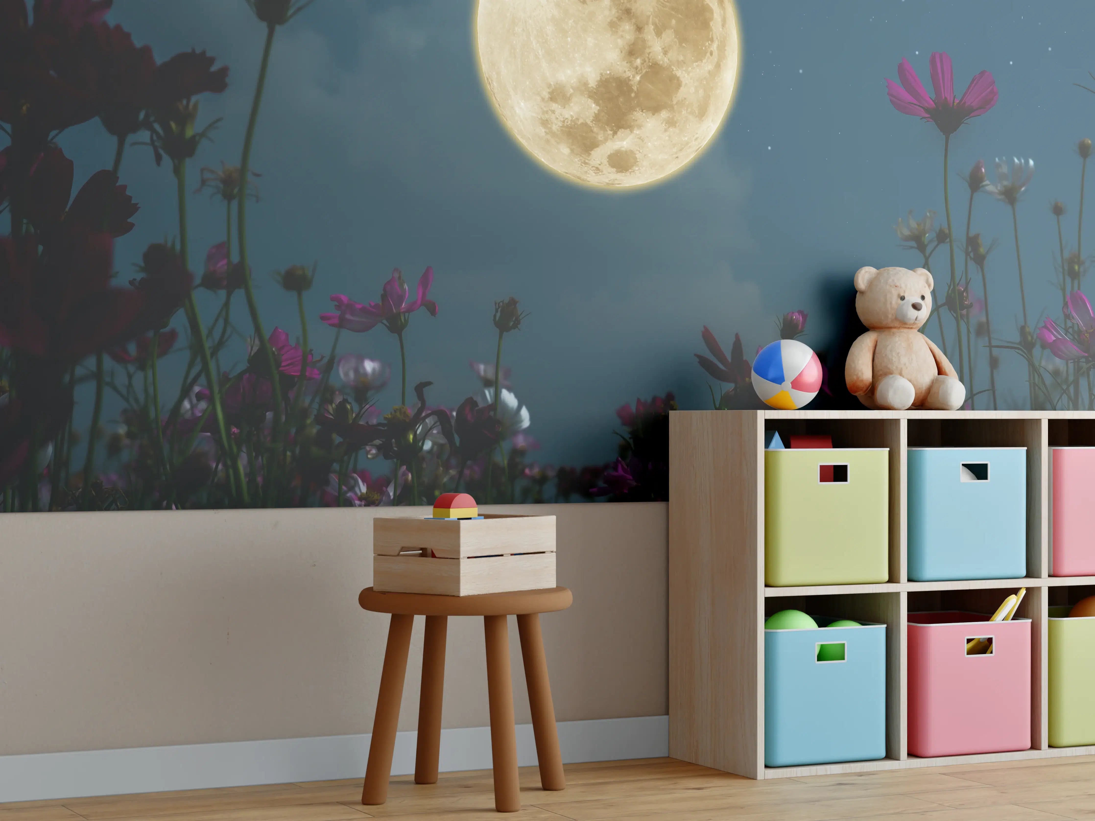 Kinderzimmer Wandgestaltung - Kosmosblüten bei Vollmond