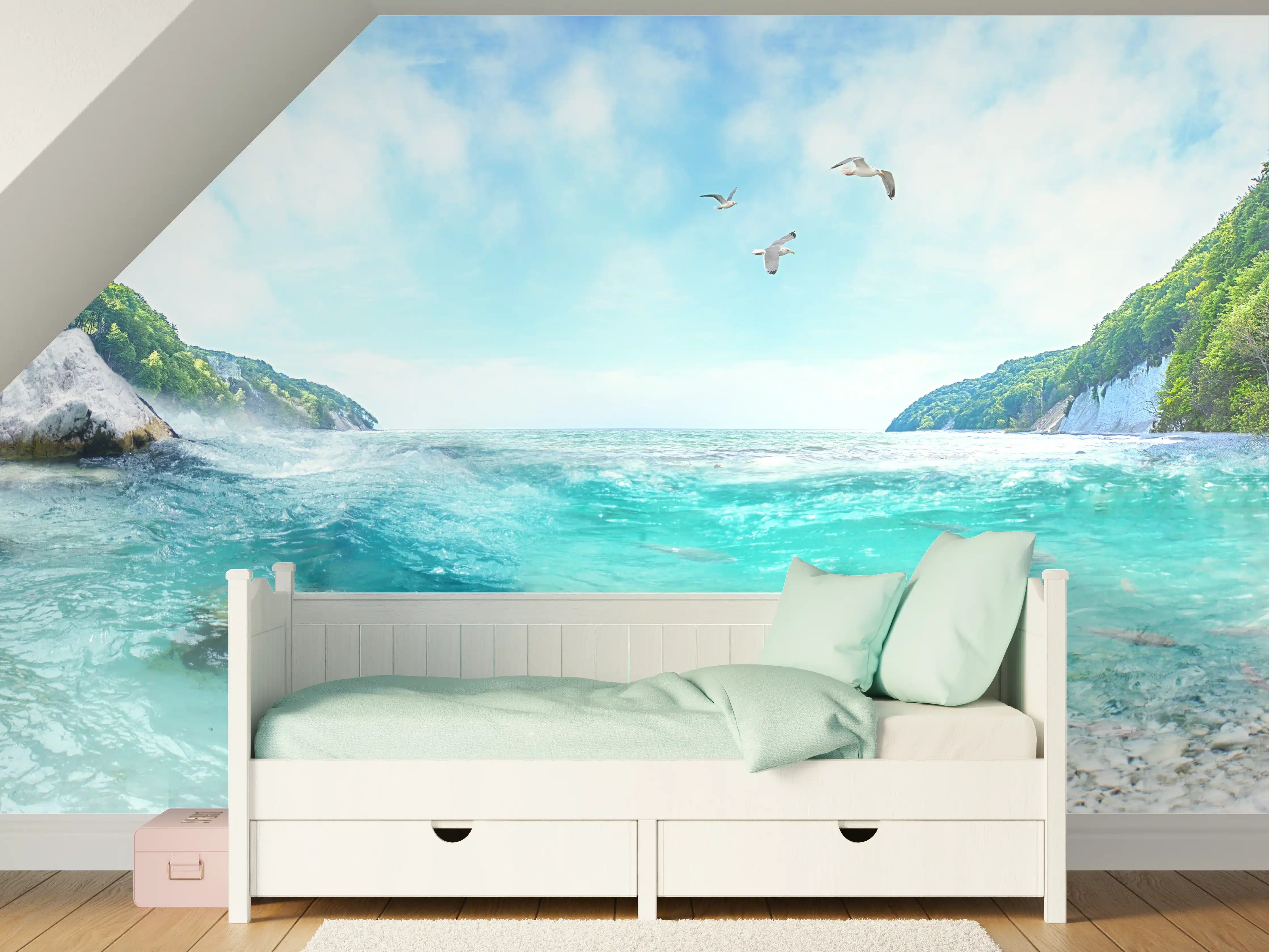 Kinderzimmer Wandgestaltung - Kristallklares Flussbild mit grünen Ufern