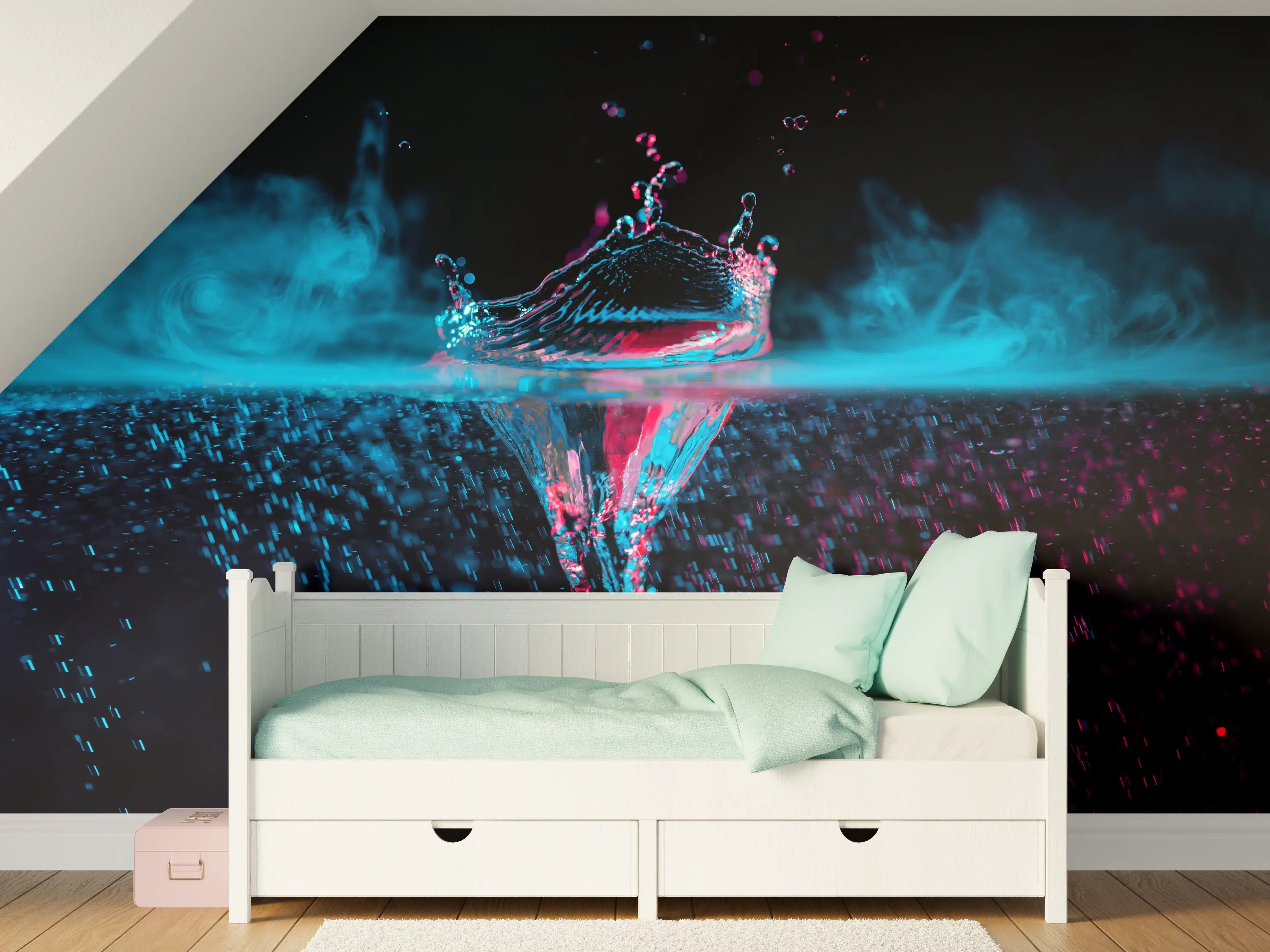 Kinderzimmer Wandgestaltung - Krone Wasserspritzer mit blauem Rauch über Wasser
