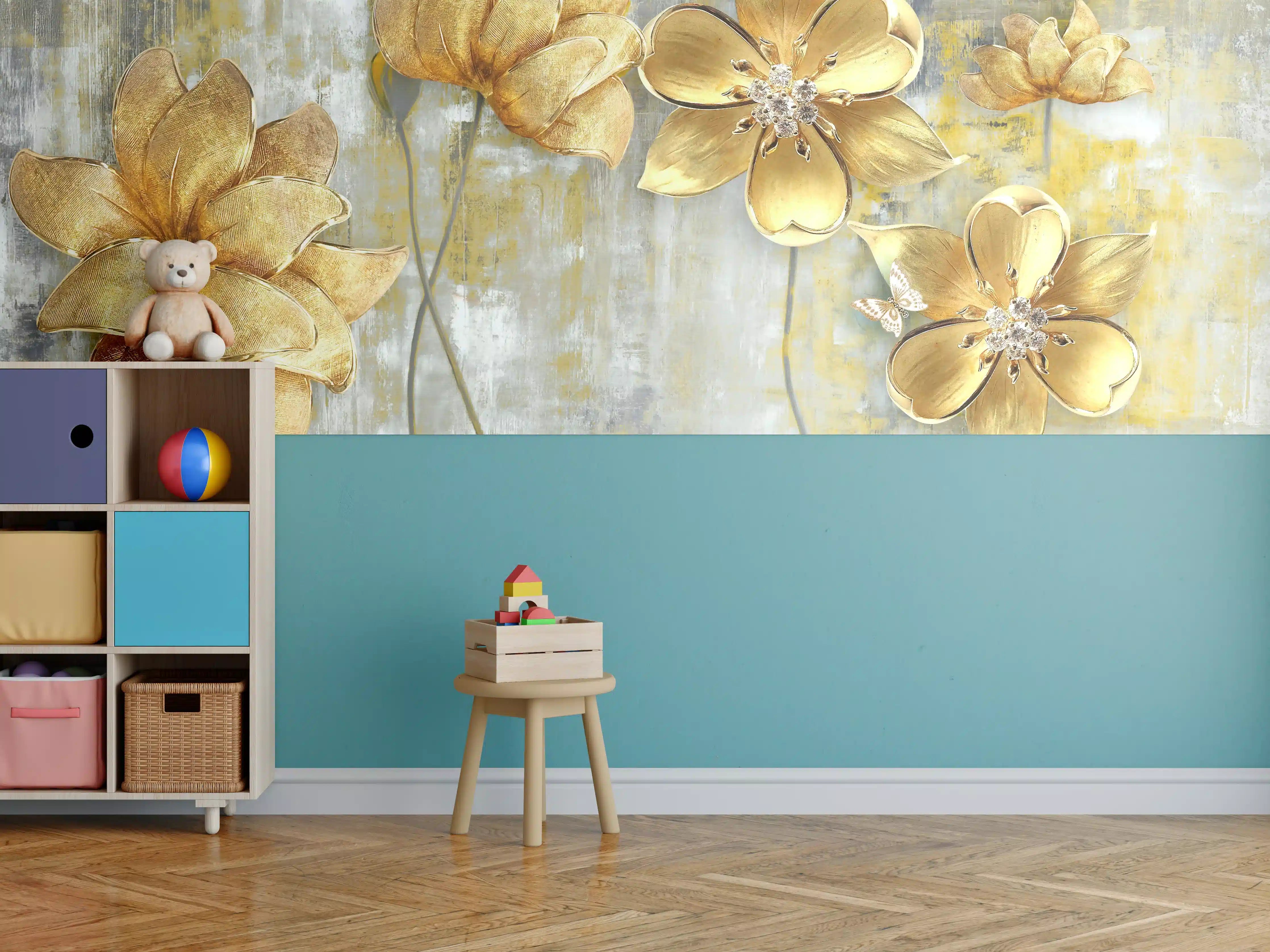 Kinderzimmer Wandgestaltung - Künstlerische Blattgold-Blumen
