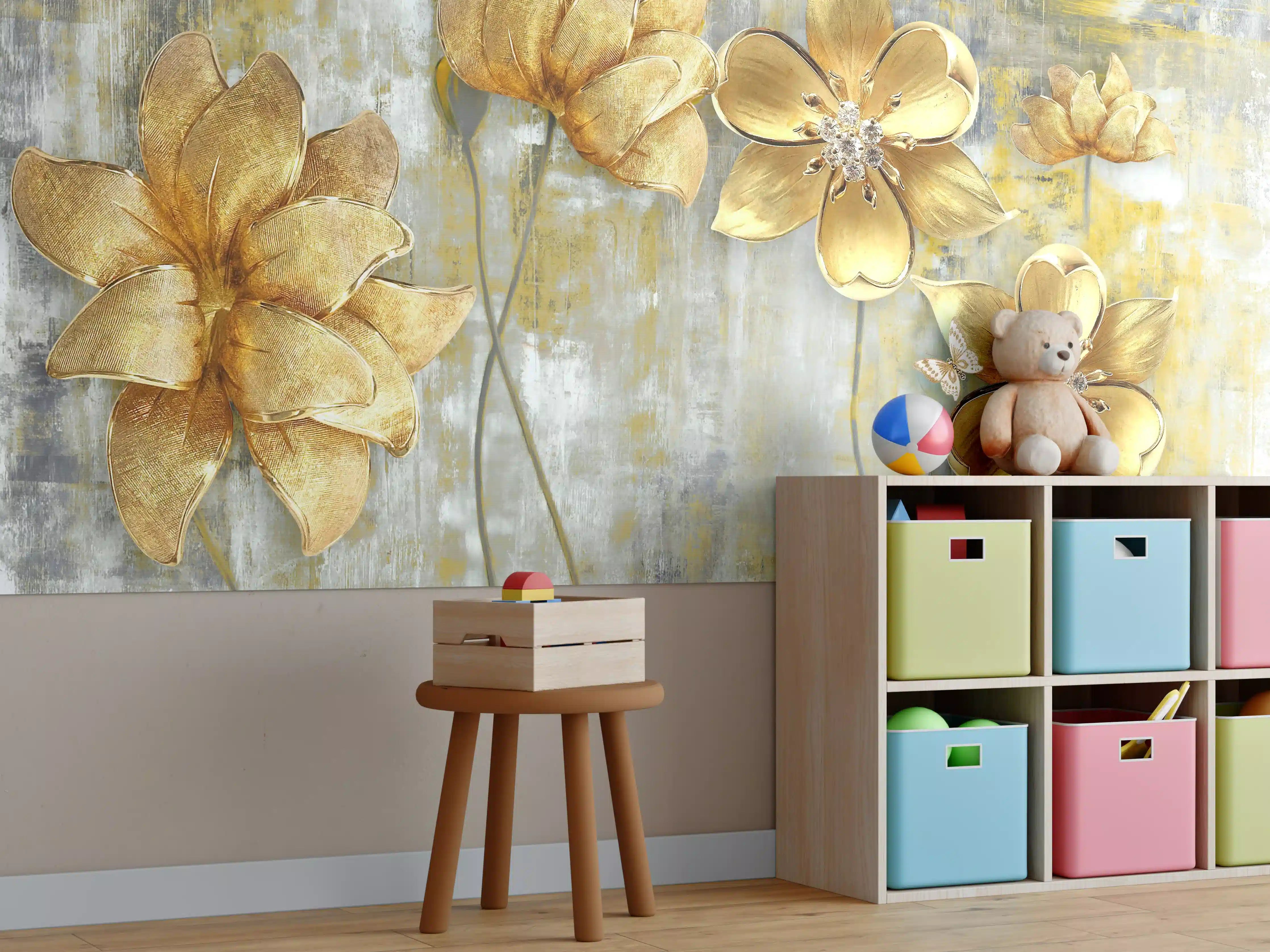 Kinderzimmer Wandgestaltung - Künstlerische Blattgold-Blumen