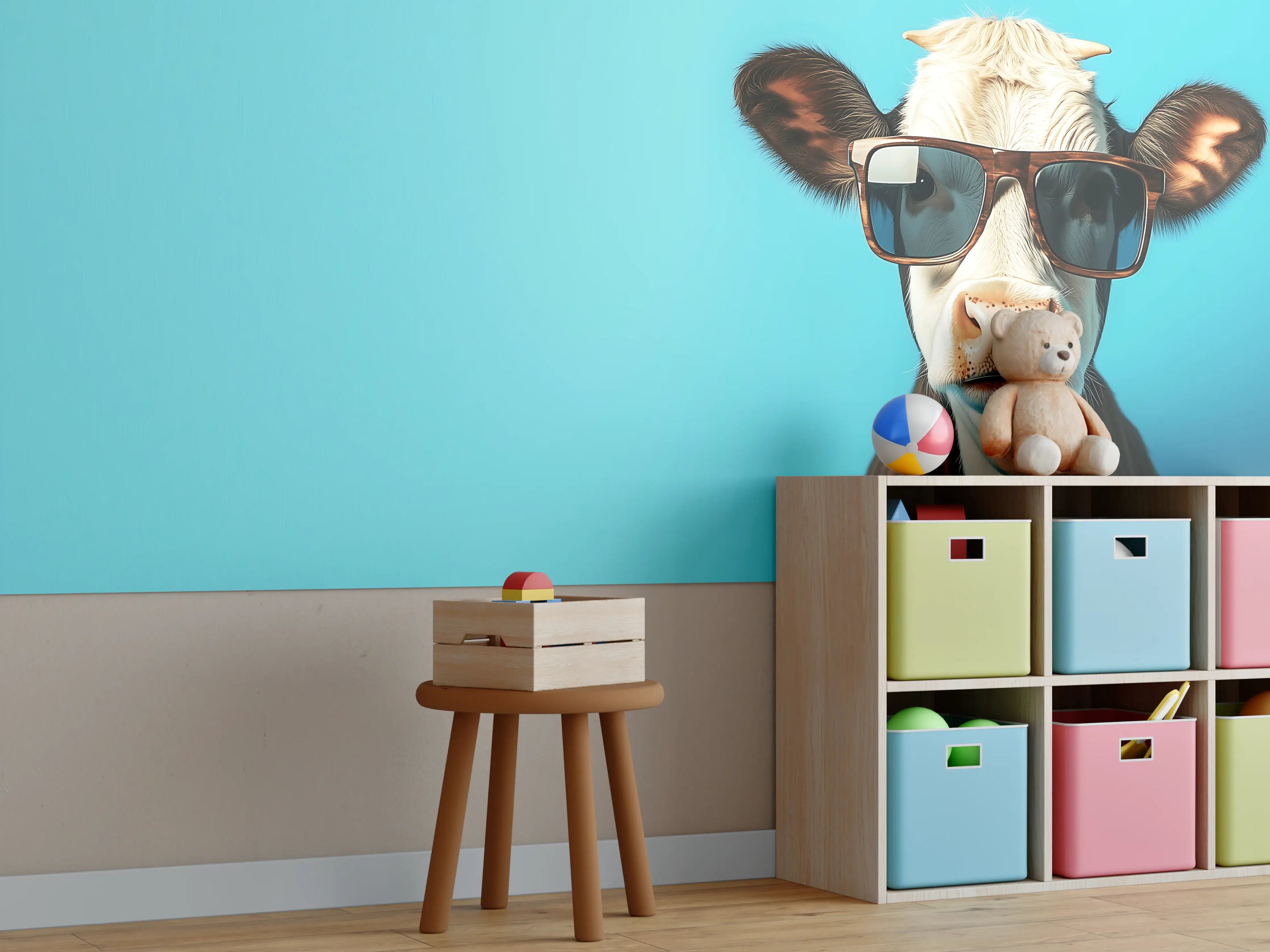 Kinderzimmer Wandgestaltung - Kuh mit Sonnenbrille, Türkis