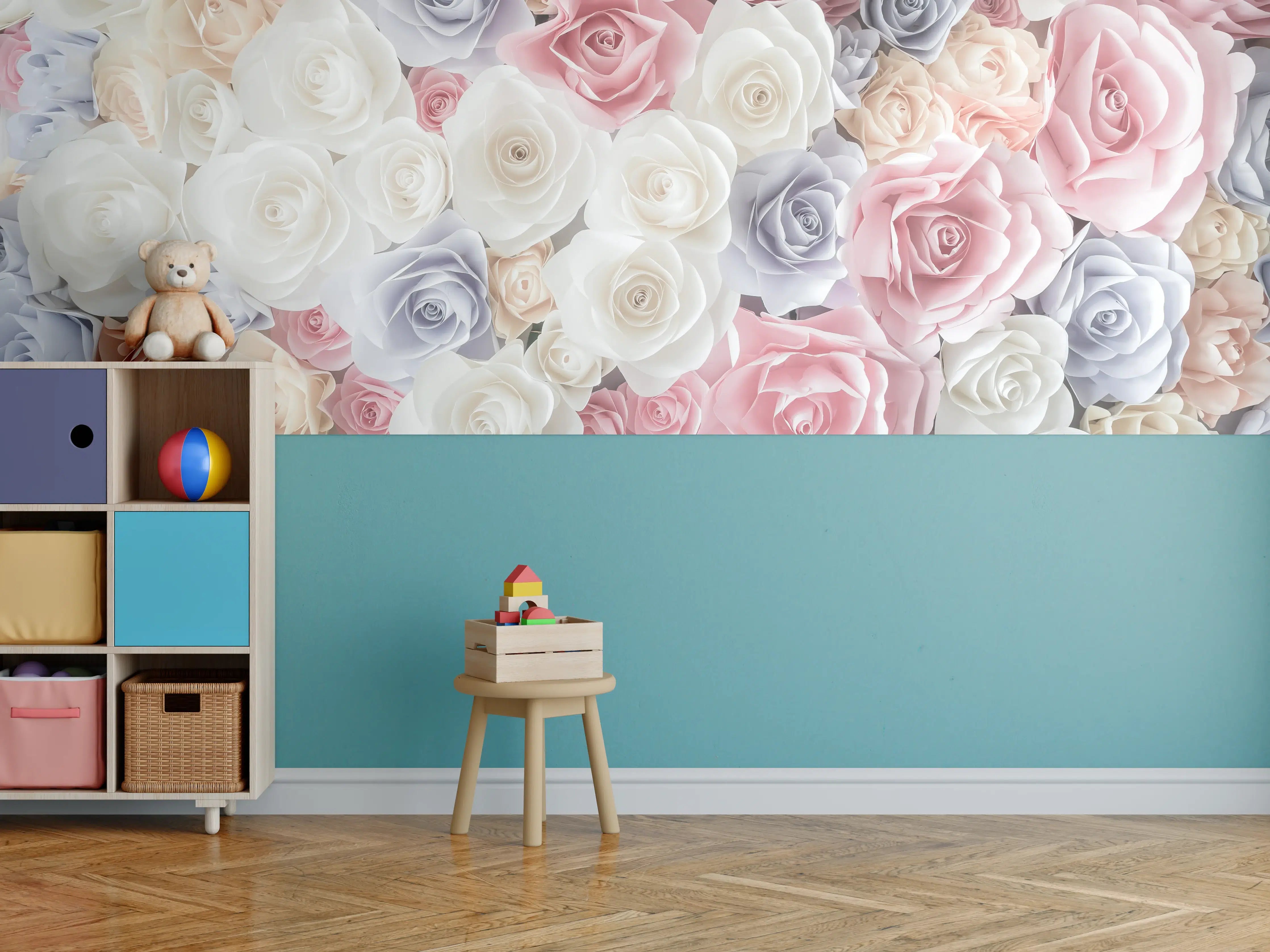 Kinderzimmer Wandgestaltung - Kulisse aus bunten Papierrosen