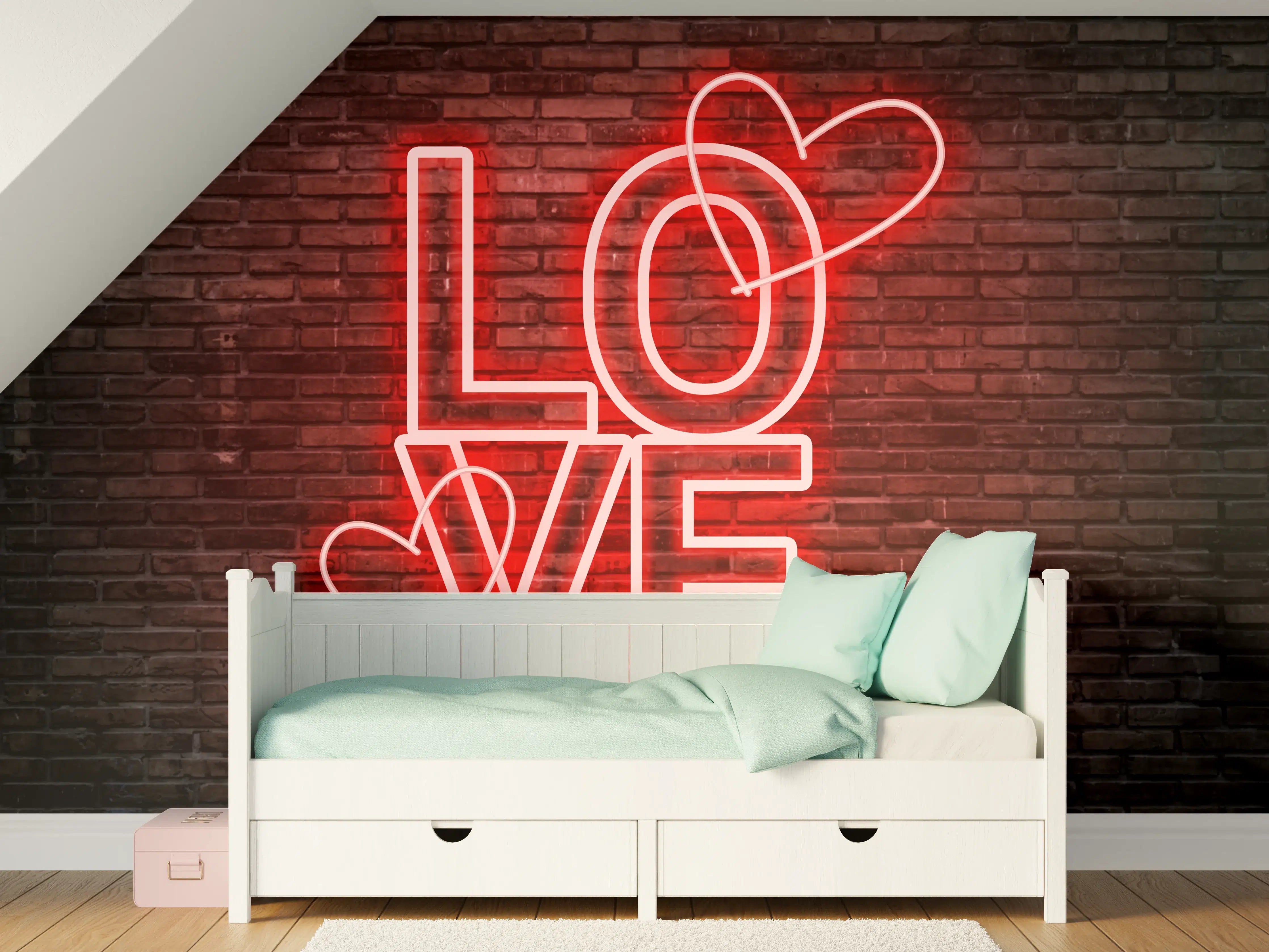 Kinderzimmer Wandgestaltung - LED Love Symbol an Steinmauer