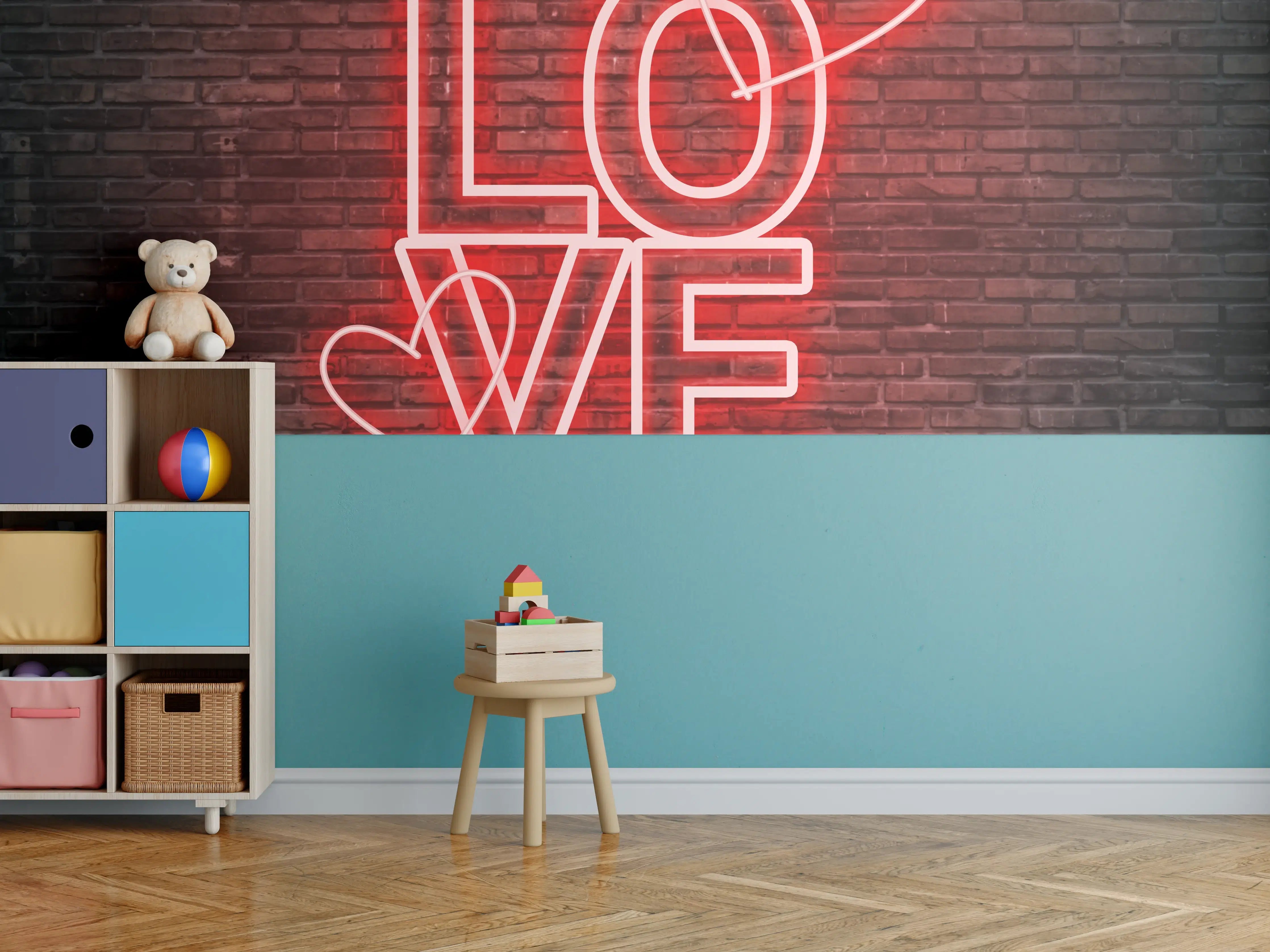 Kinderzimmer Wandgestaltung - LED Love Symbol an Steinmauer