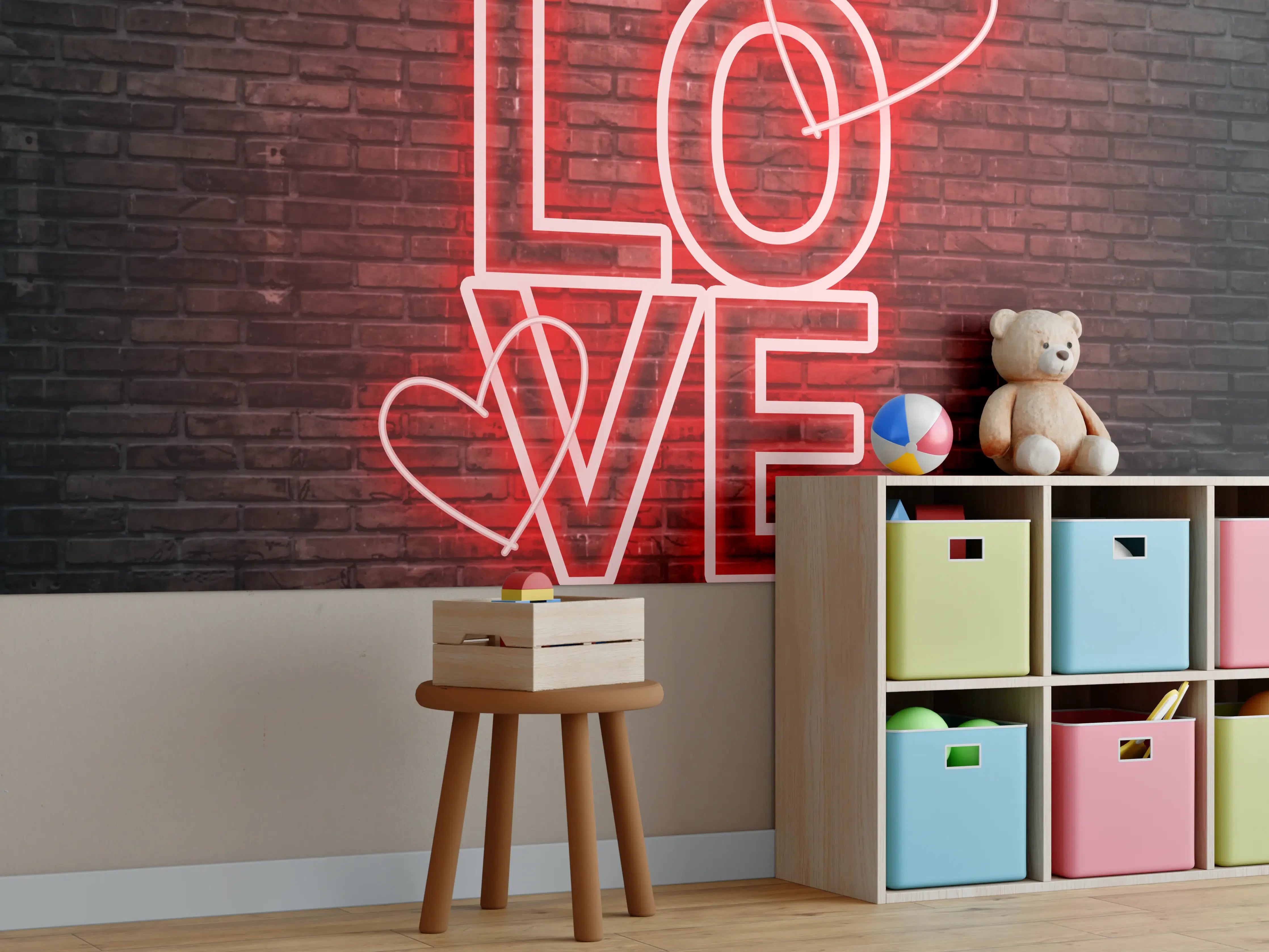 Kinderzimmer Wandgestaltung - LED Love Symbol an Steinmauer