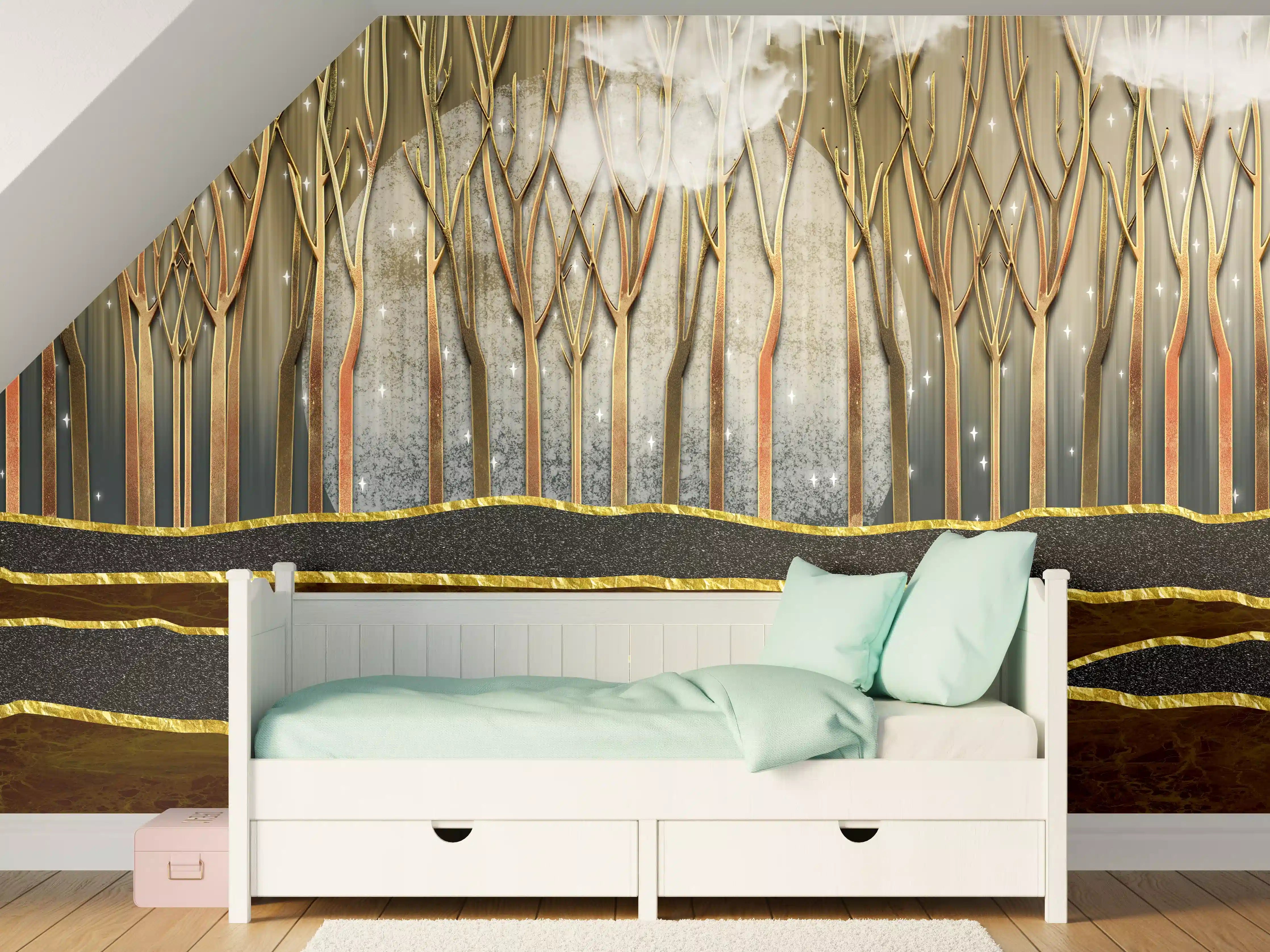 Kinderzimmer Wandgestaltung - Landschafts Kunst- goldene Bäume