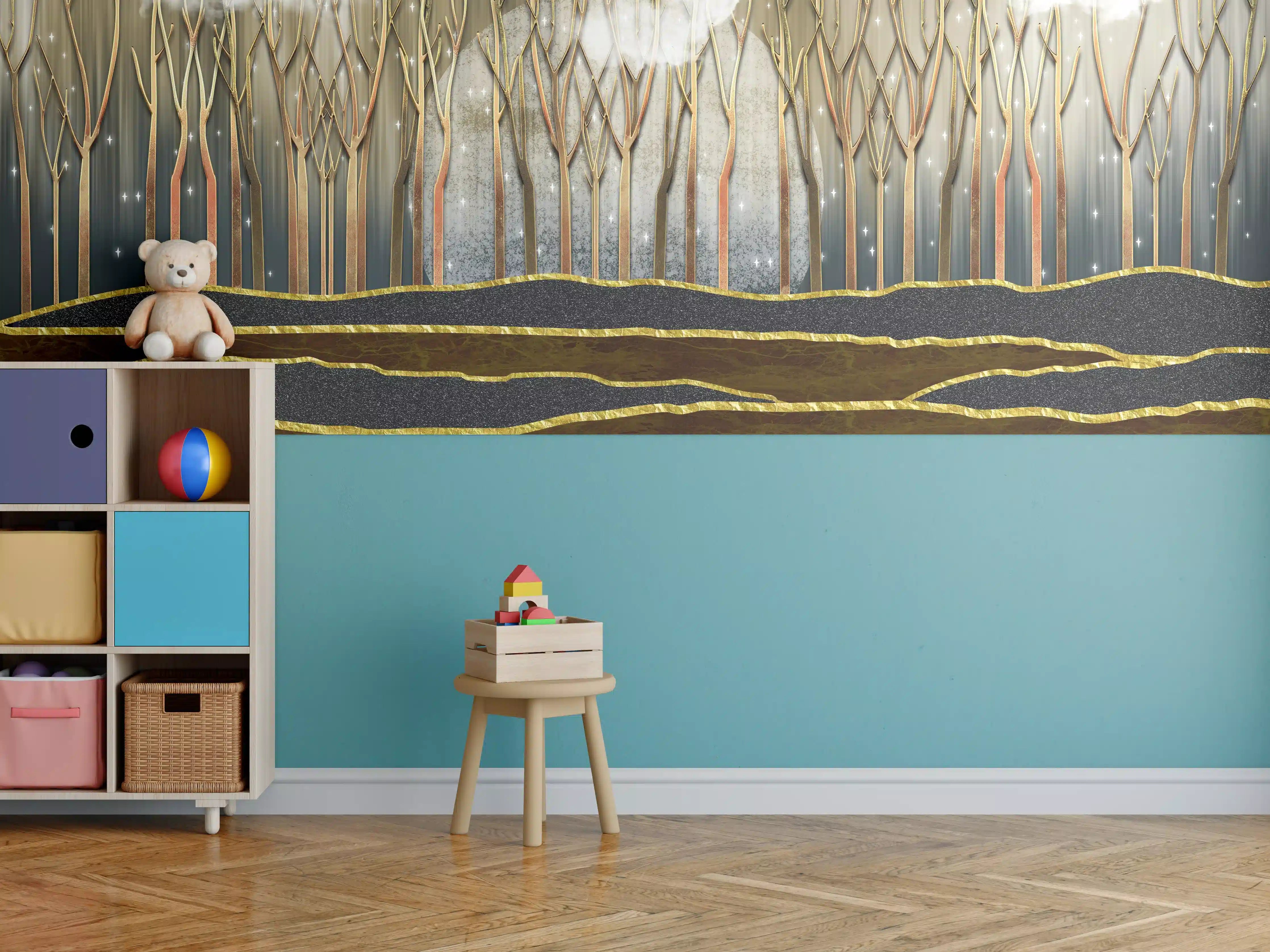 Kinderzimmer Wandgestaltung - Landschafts Kunst- goldene Bäume