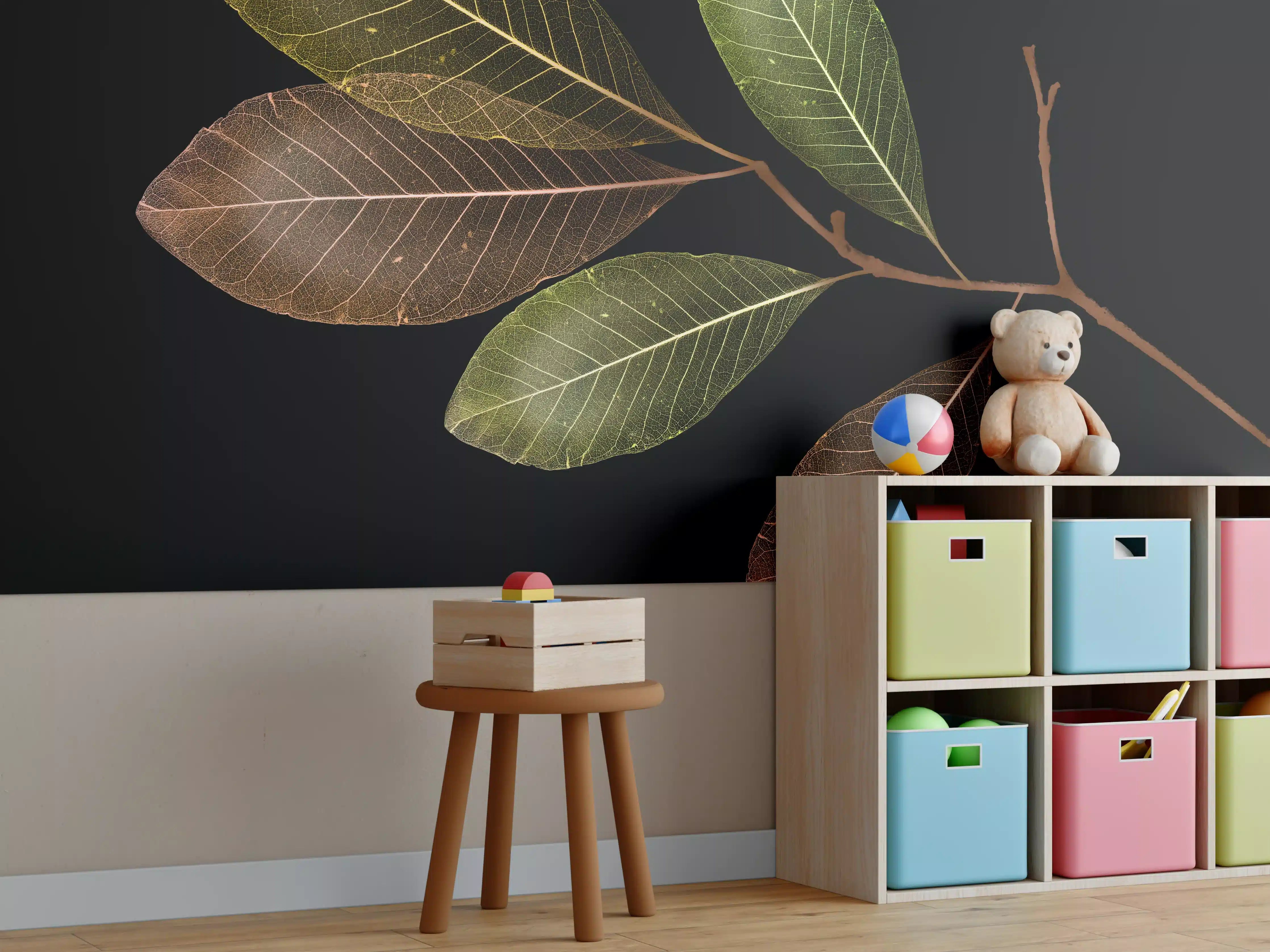 Kinderzimmer Wandgestaltung - Laubzweig Grün-Braun Textur