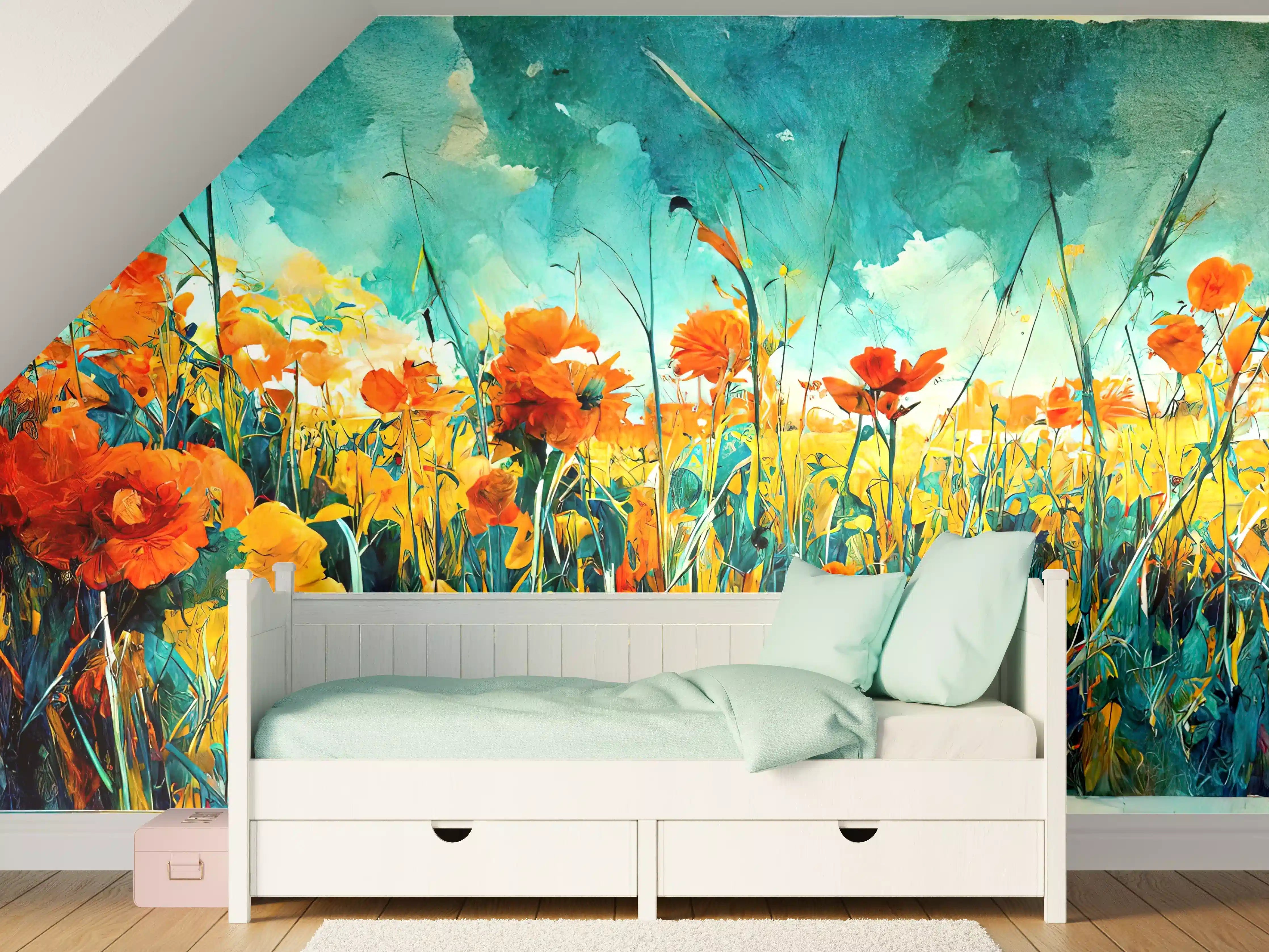 Kinderzimmer Wandgestaltung - Lebendige Blütenpracht im Sonnenlicht