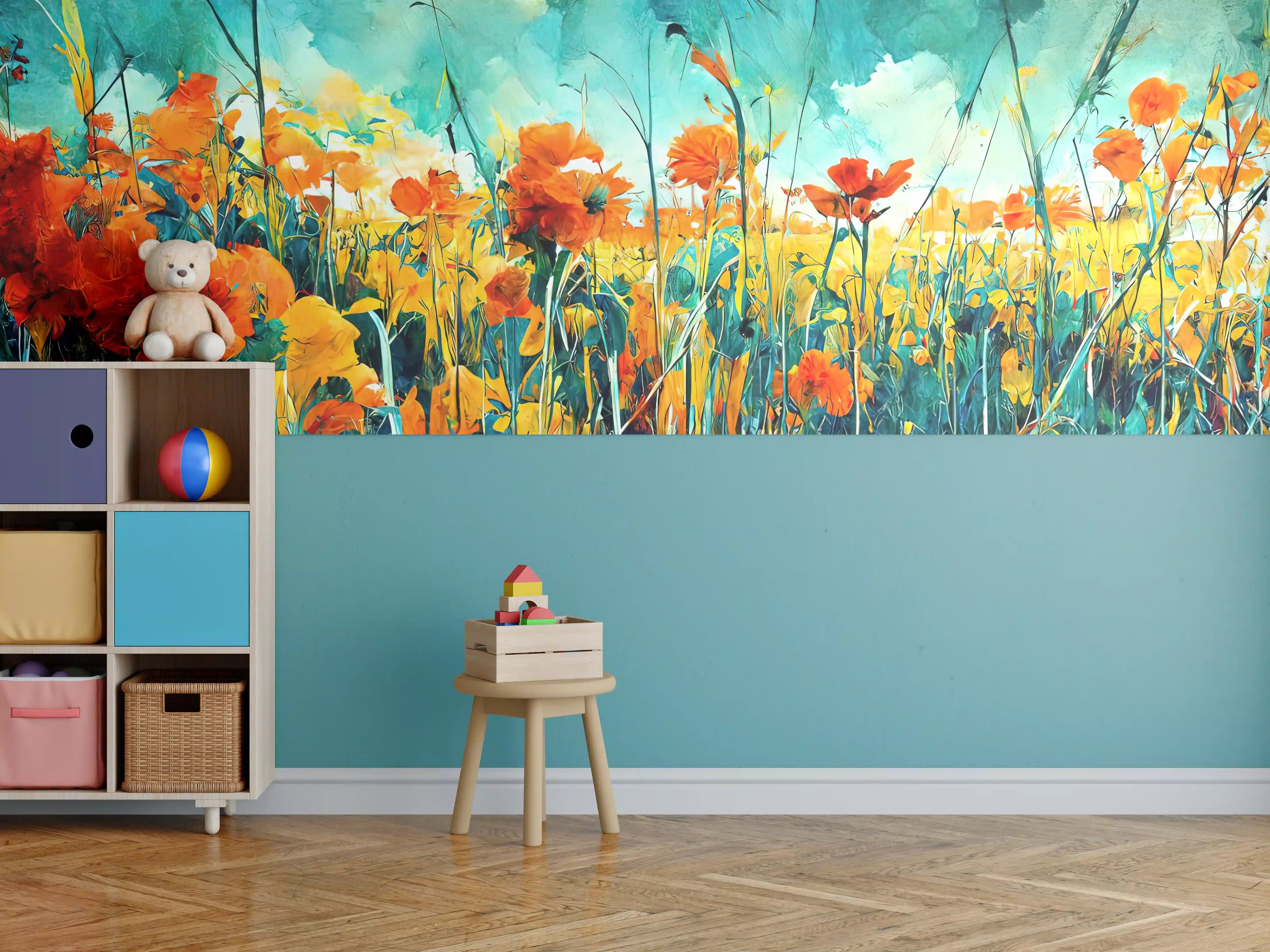 Kinderzimmer Wandgestaltung - Lebendige Blütenpracht im Sonnenlicht