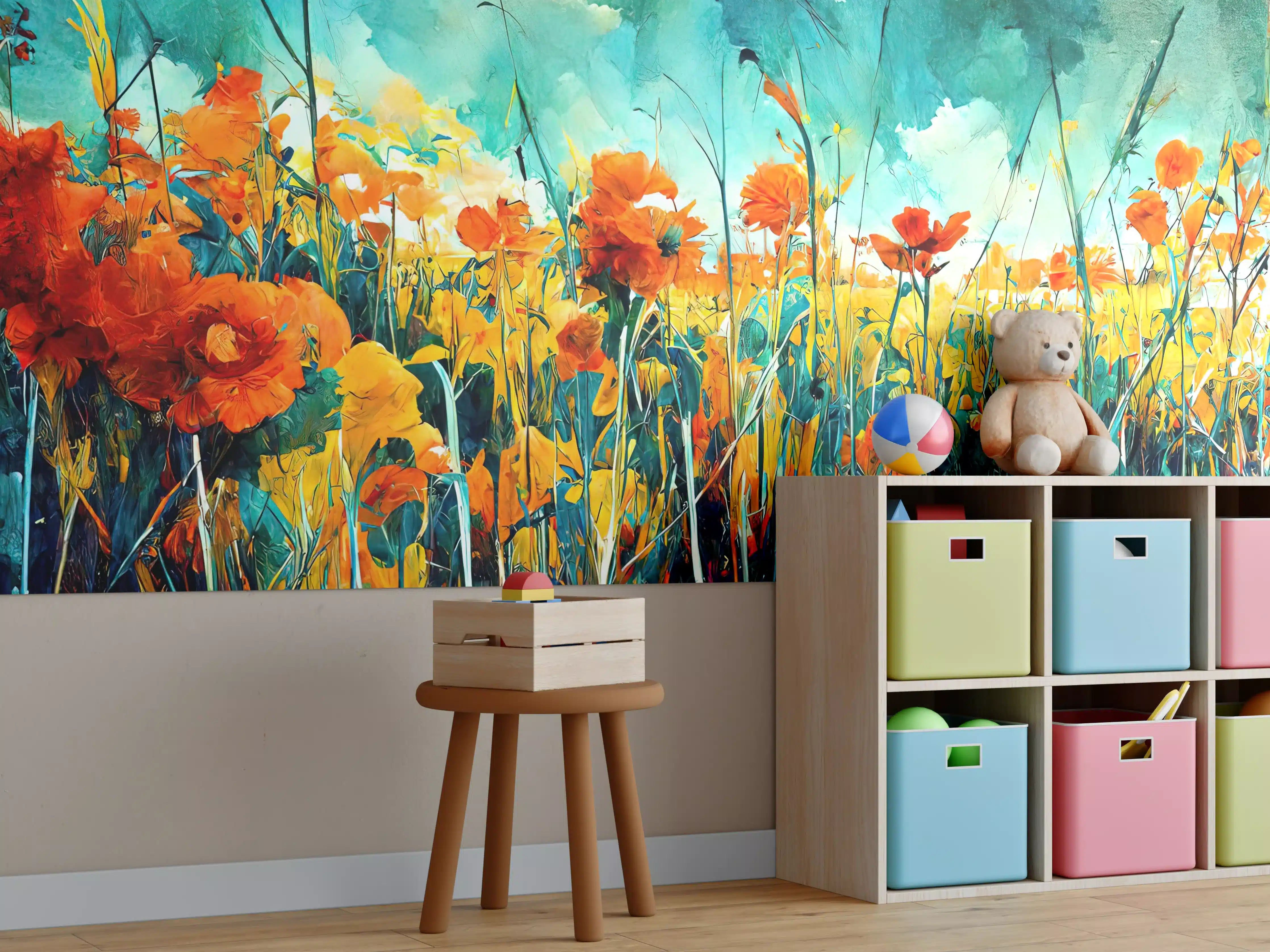 Kinderzimmer Wandgestaltung - Lebendige Blütenpracht im Sonnenlicht