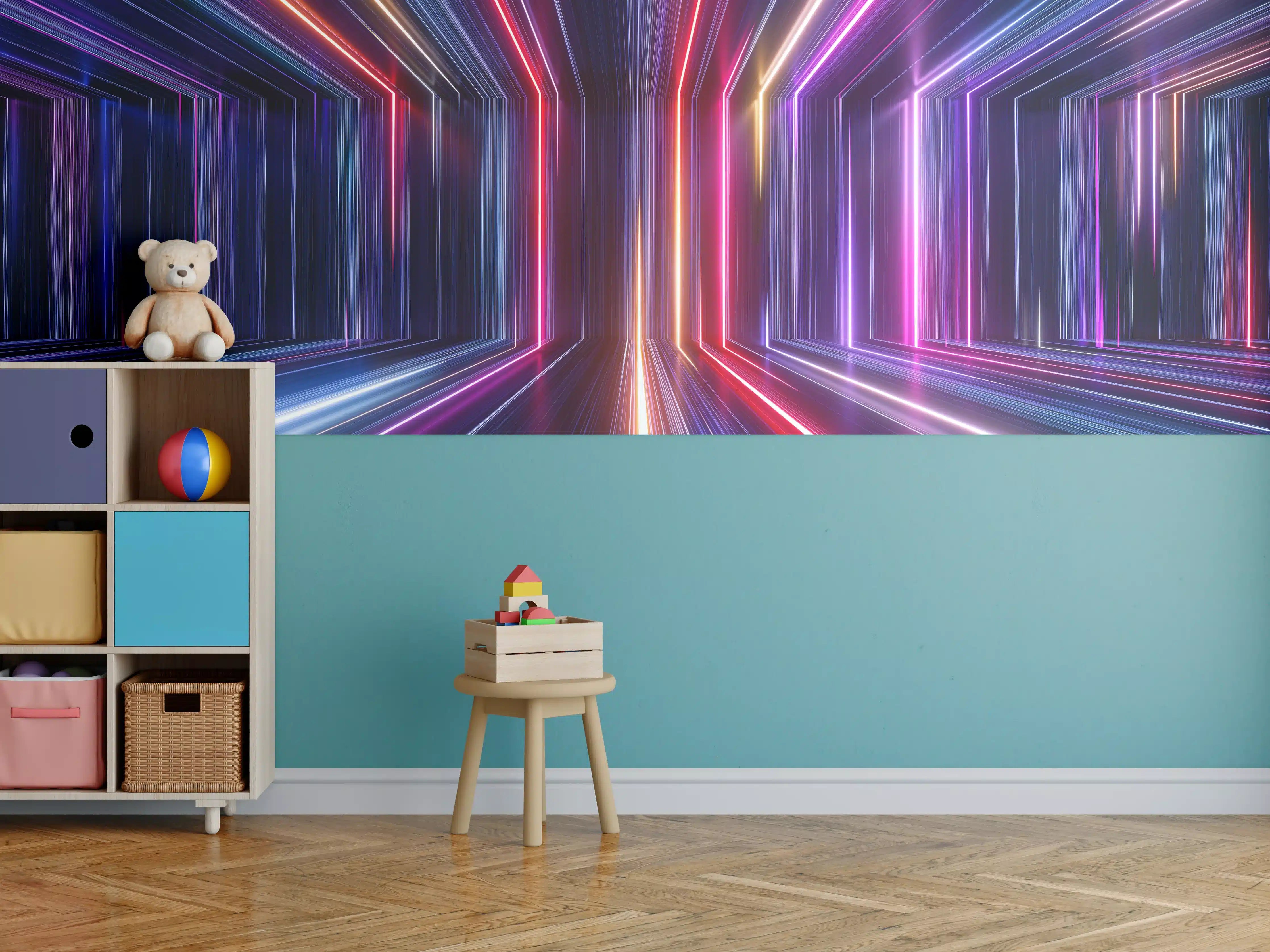 Kinderzimmer Wandgestaltung - Lebendige Neonlicht-Gitterstruktur