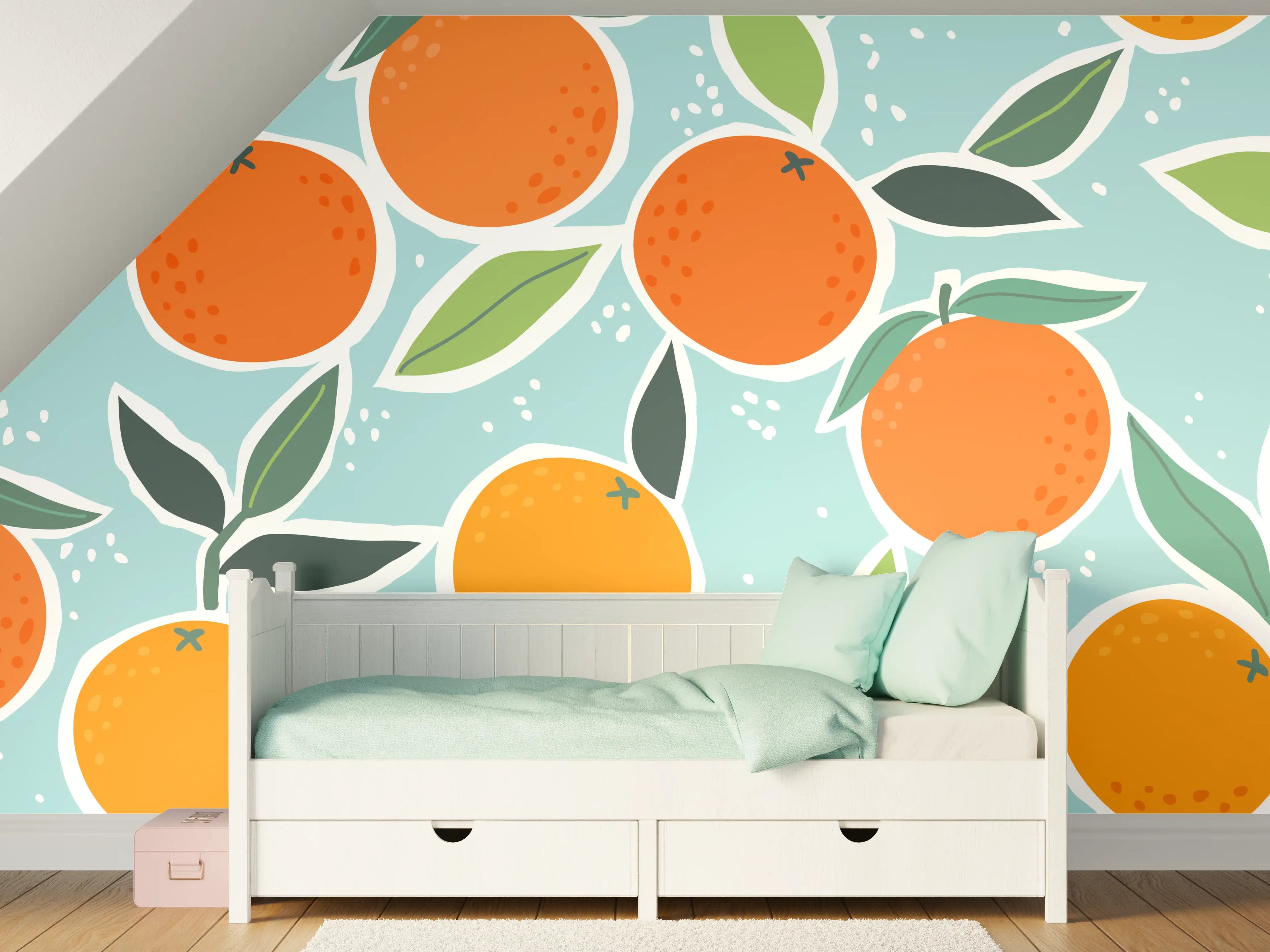 Kinderzimmer Wandgestaltung - Lebendige Orangen mit Blättern auf heller Hintergrund