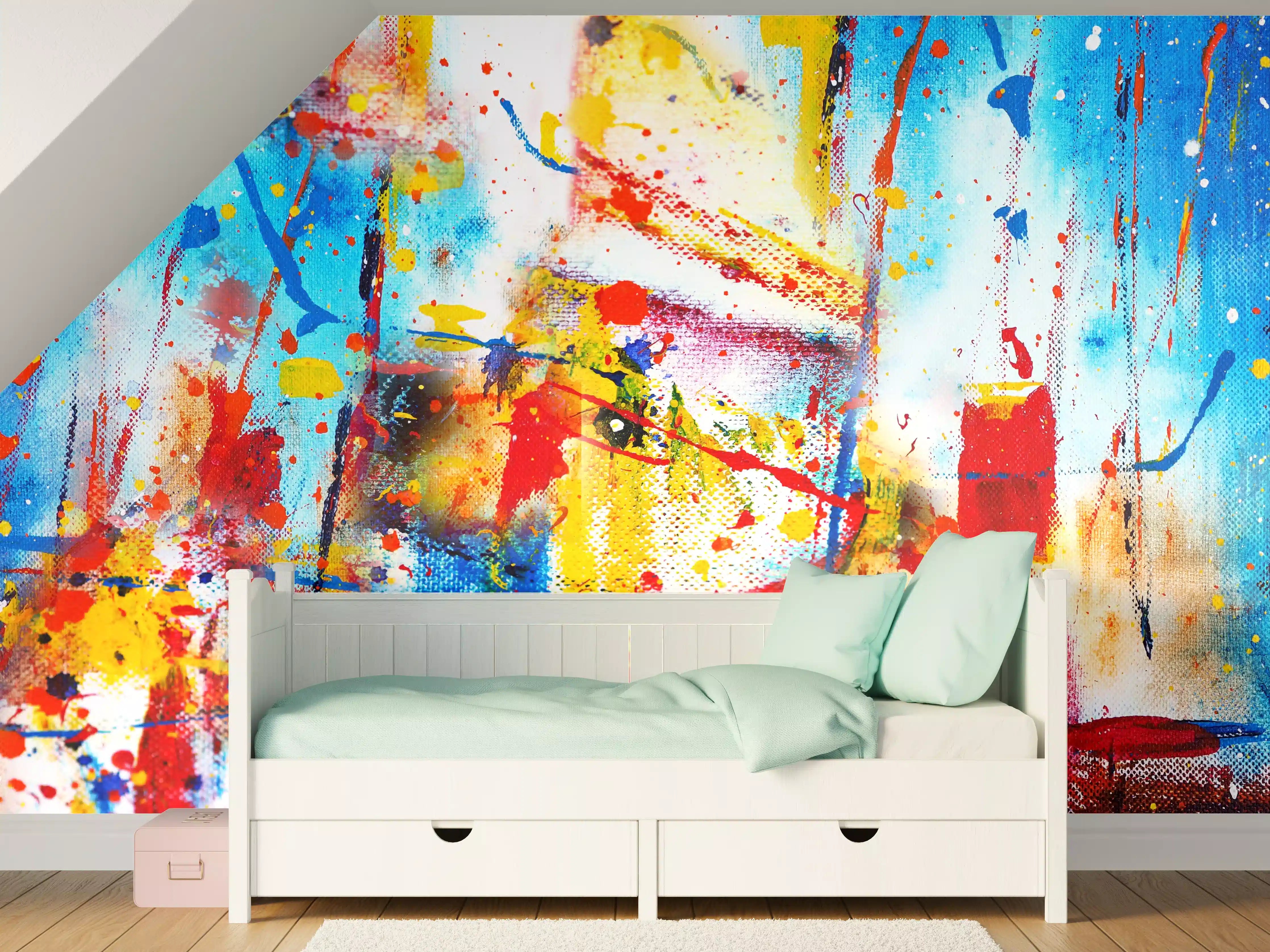 Kinderzimmer Wandgestaltung - Lebendige abstrakte Kunst in Blau, Rot und Gelb