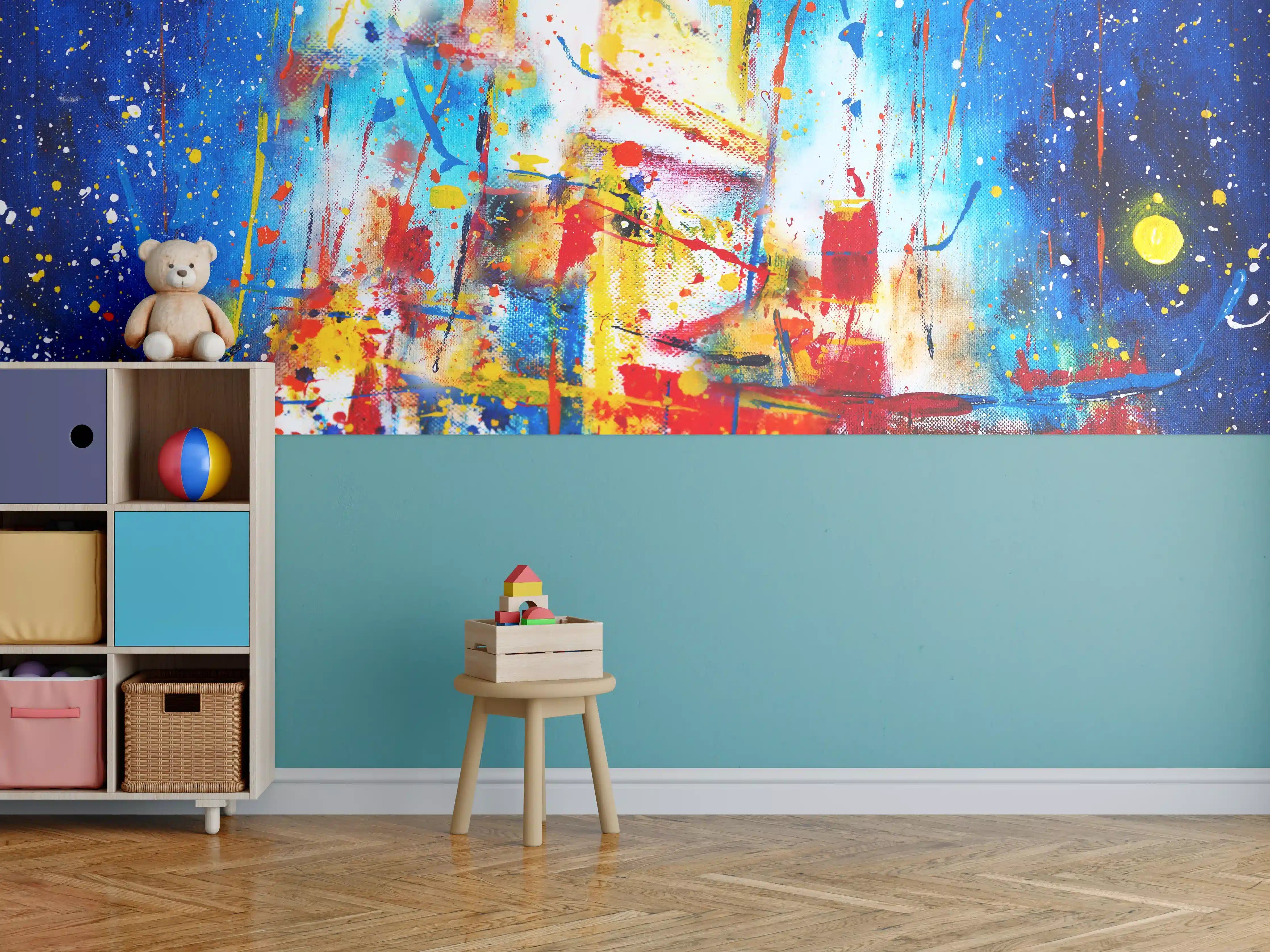 Kinderzimmer Wandgestaltung - Lebendige abstrakte Kunst in Blau, Rot und Gelb