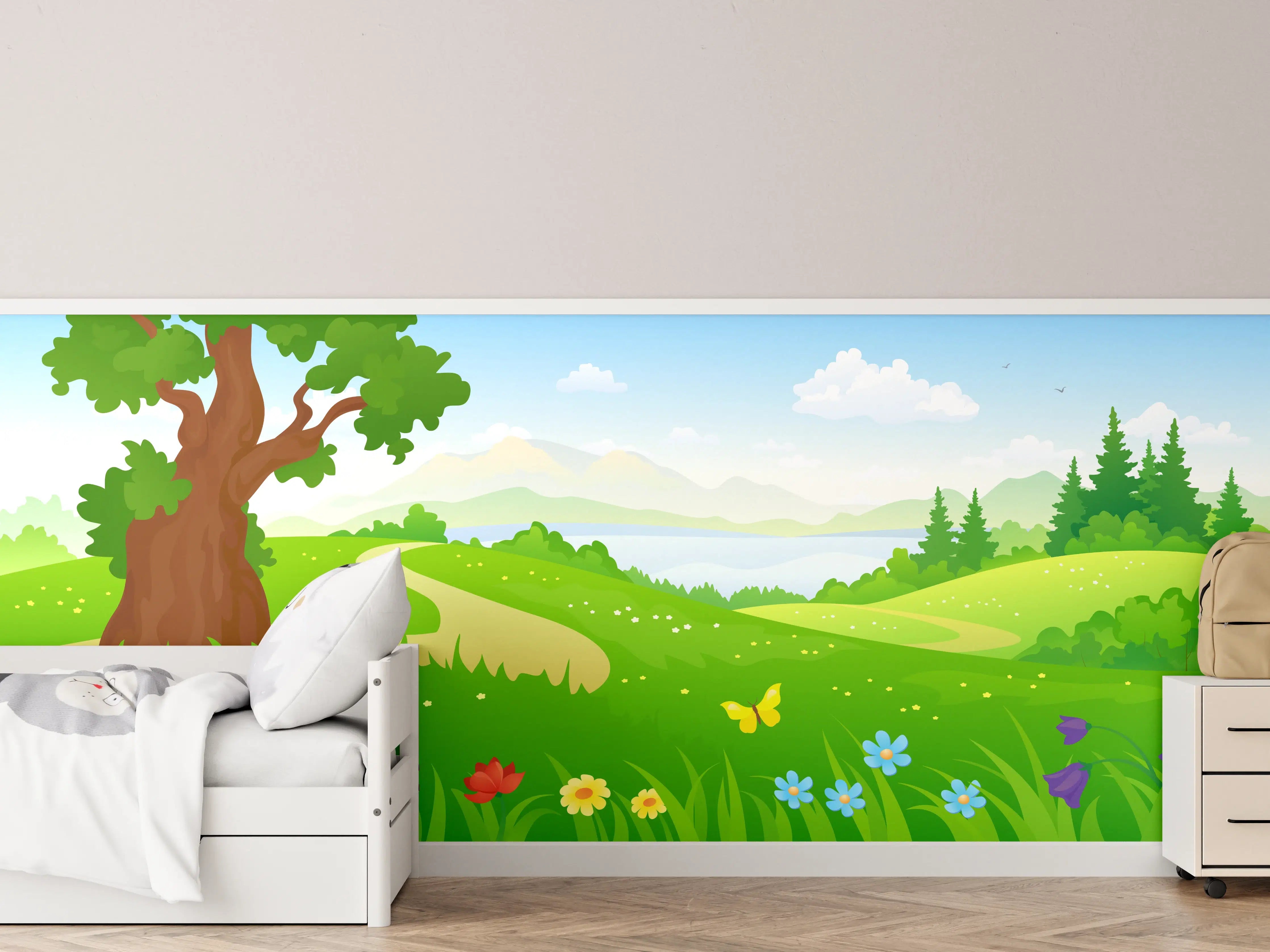 Kinderzimmer Wandgestaltung - Lebendiger Frühlingsbaum in grüner Landschaft