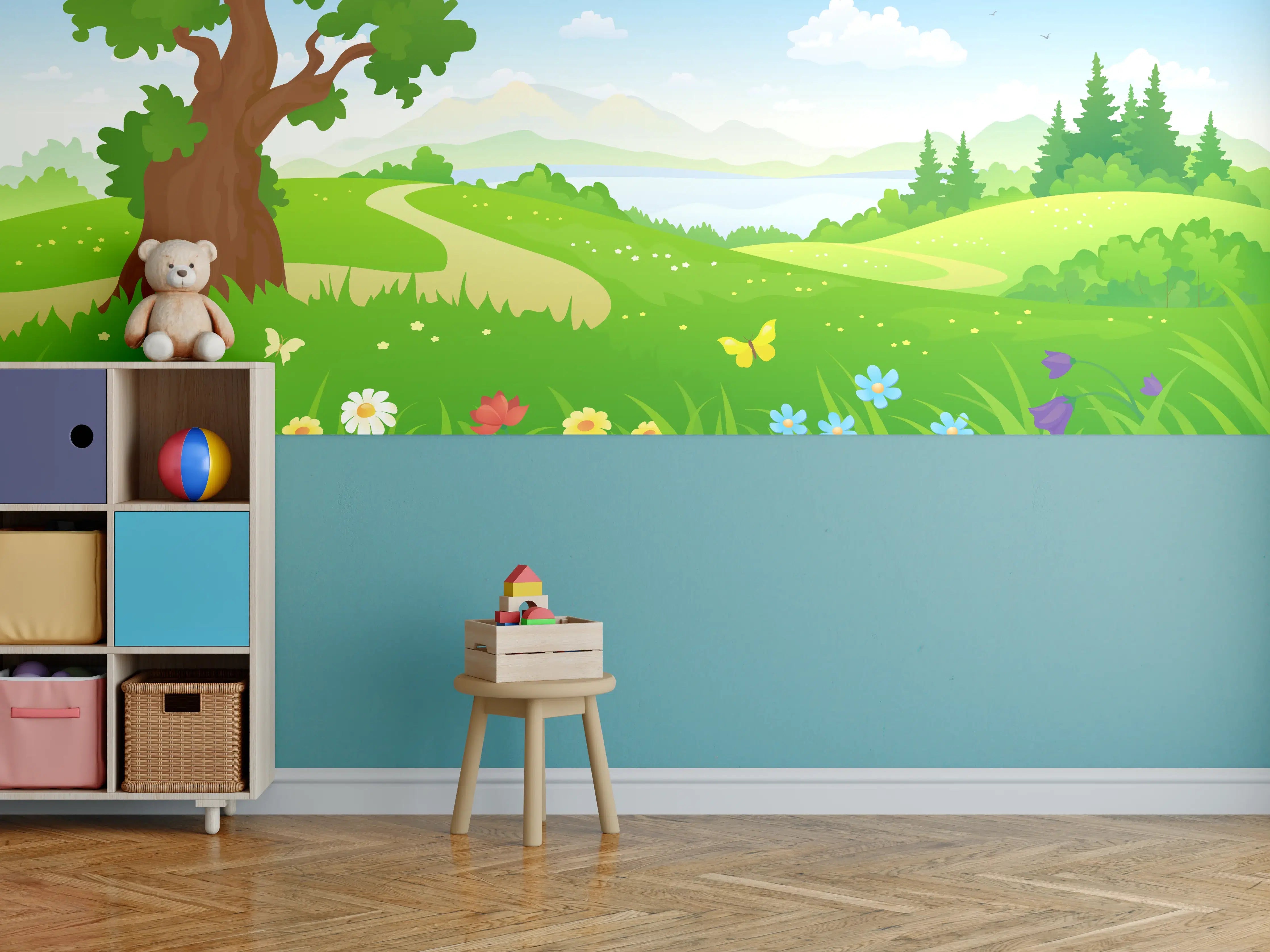 Kinderzimmer Wandgestaltung - Lebendiger Frühlingsbaum in grüner Landschaft