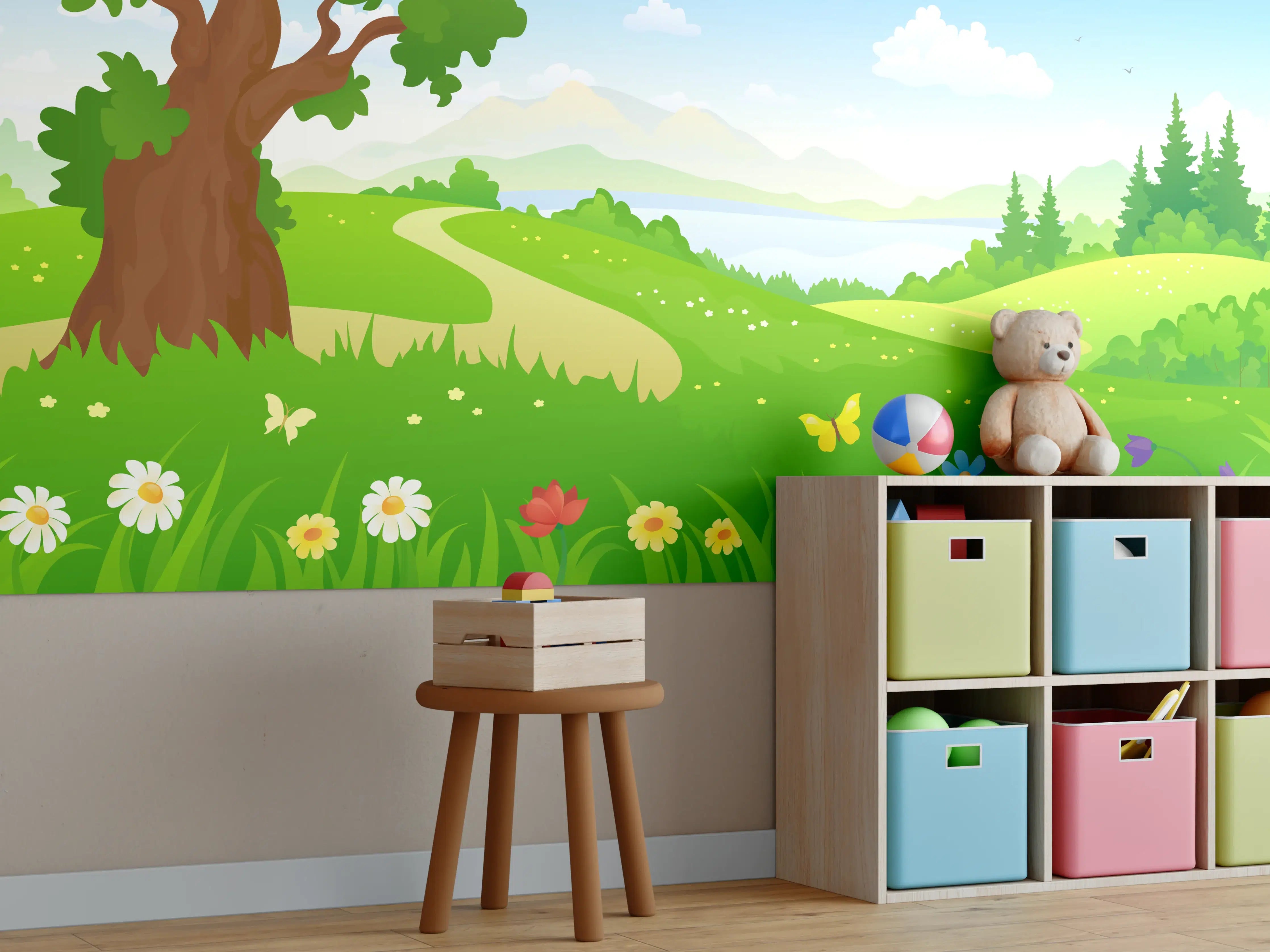 Kinderzimmer Wandgestaltung - Lebendiger Frühlingsbaum in grüner Landschaft