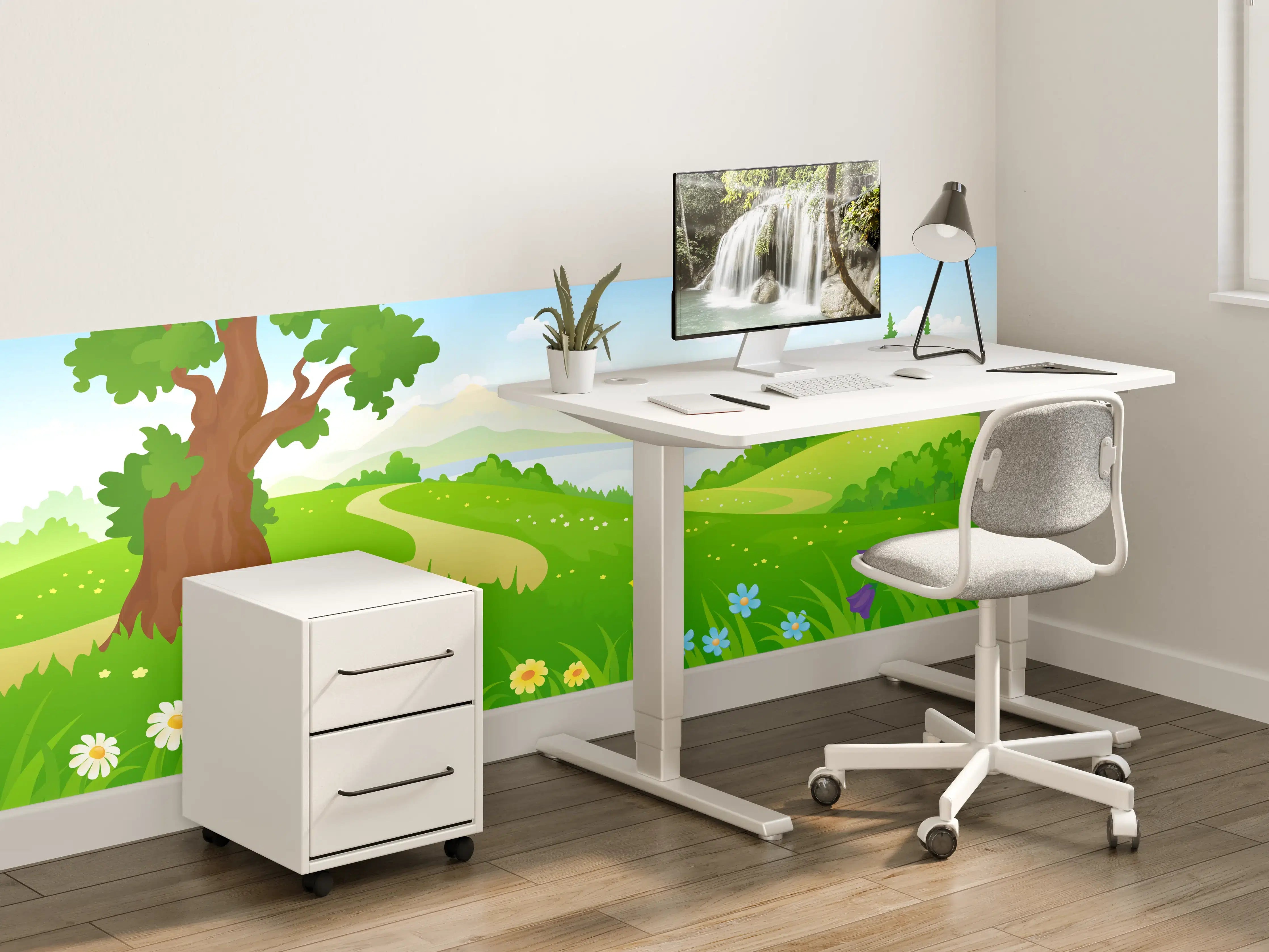 Kinderzimmer Wandgestaltung - Lebendiger Frühlingsbaum in grüner Landschaft