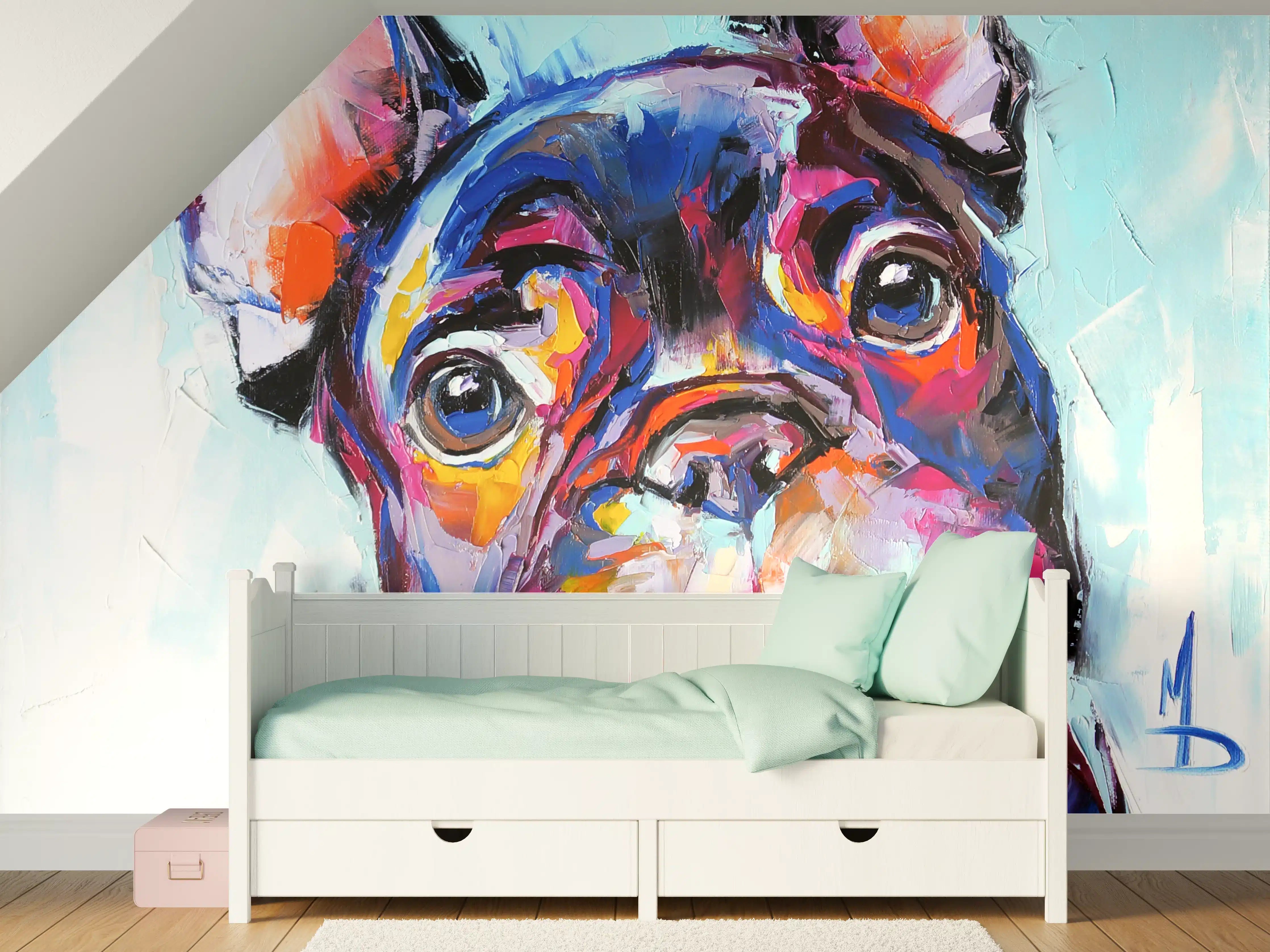 Kinderzimmer Wandgestaltung - Lebhafte französische Bulldogge im abstrakten Stil
