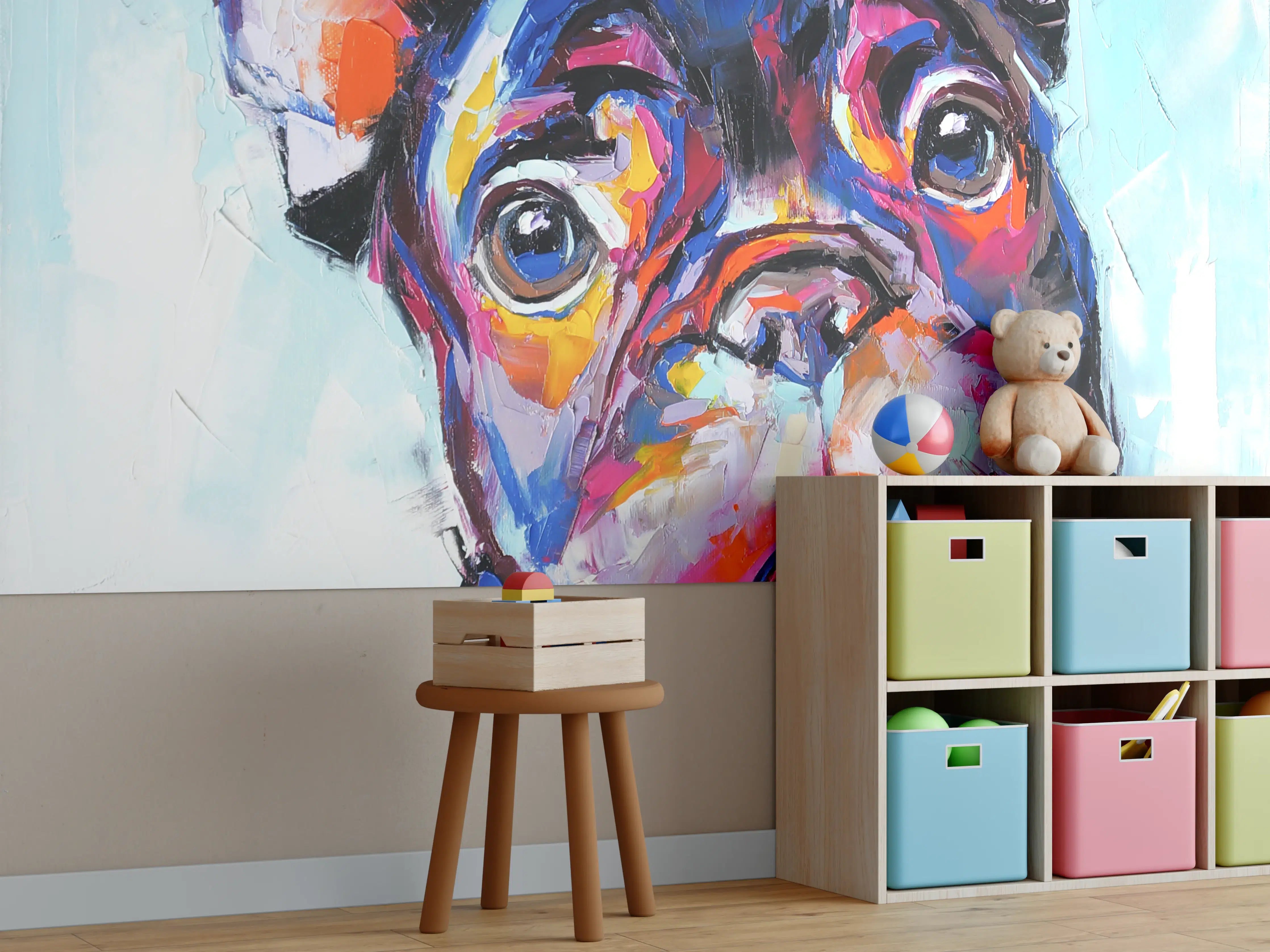 Kinderzimmer Wandgestaltung - Lebhafte französische Bulldogge im abstrakten Stil