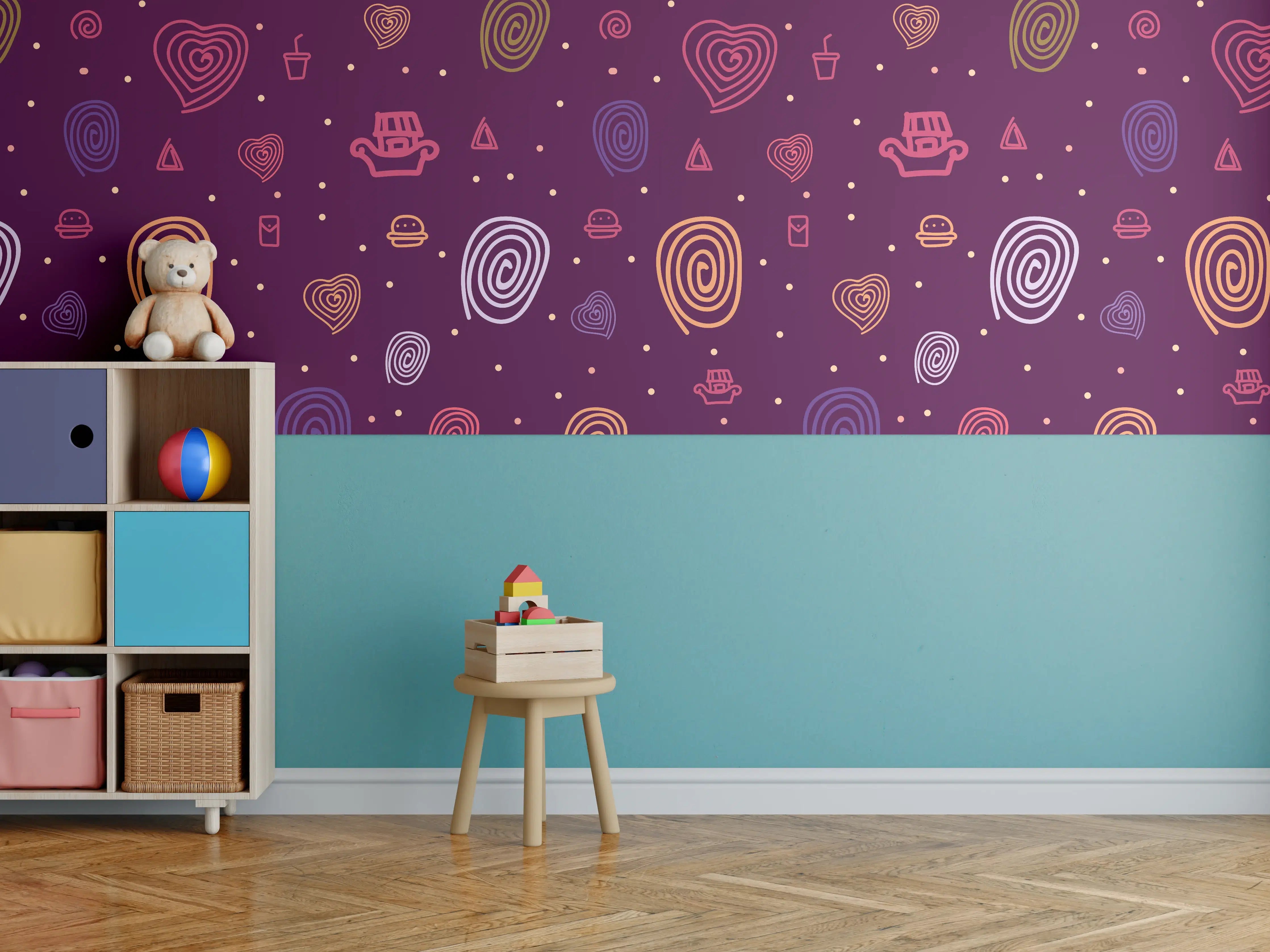 Kinderzimmer Wandgestaltung - Leuchtende Herz- und Spiralmuster