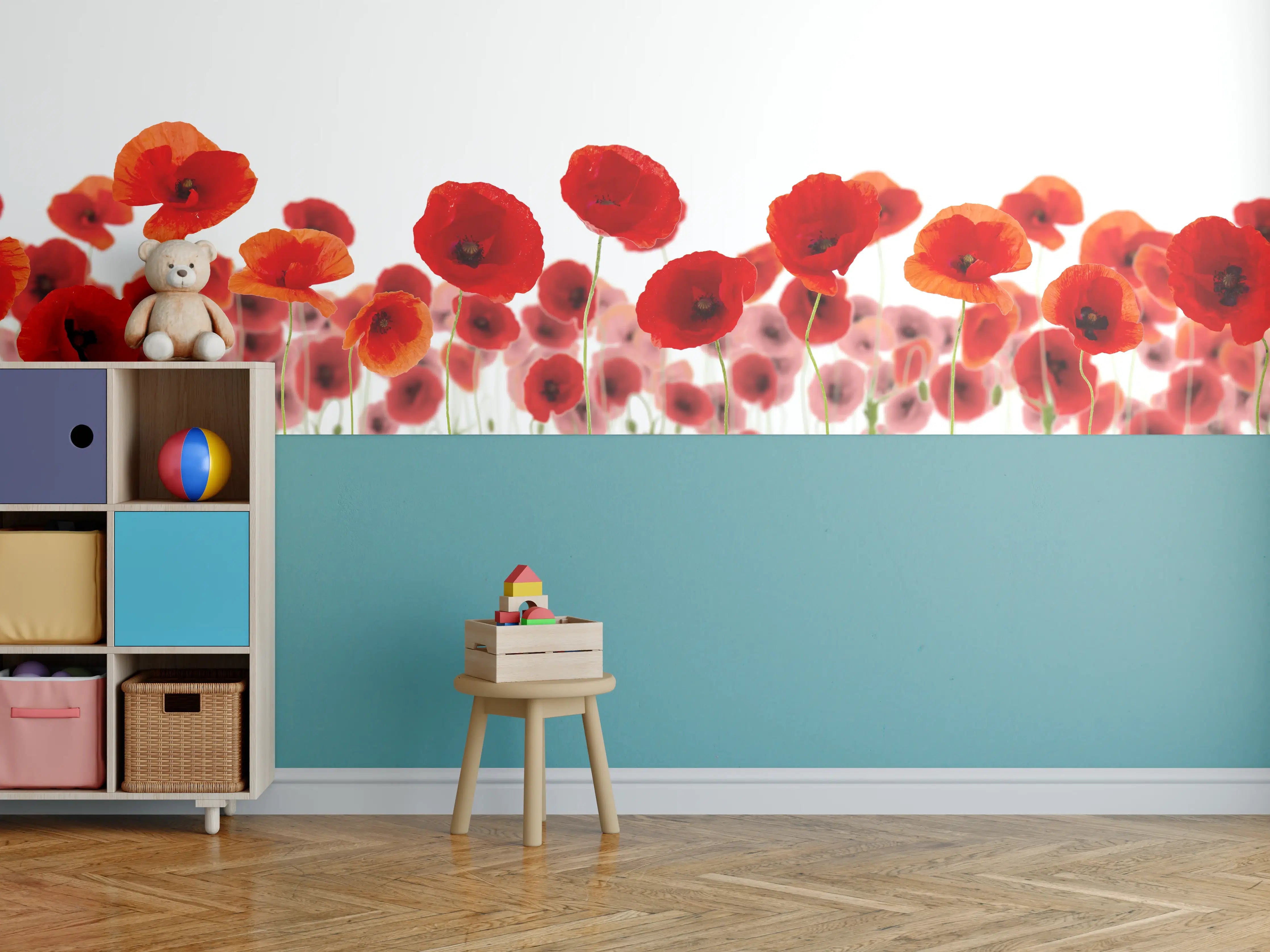 Kinderzimmer Wandgestaltung - Leuchtende Mohnblumen in Rot