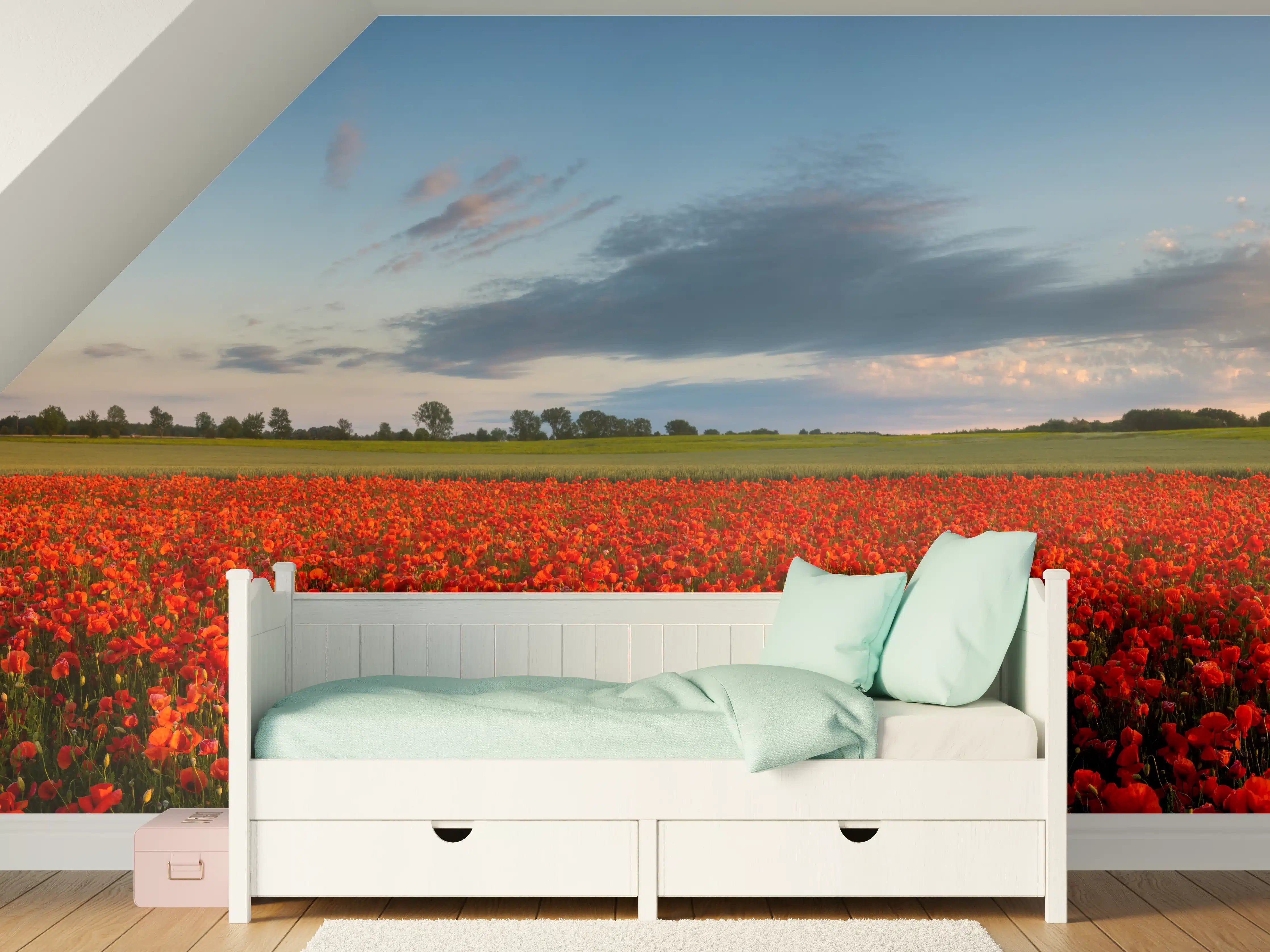 Kinderzimmer Wandgestaltung - Leuchtende Rote Mohnblumenwiese bei Sonnenuntergang