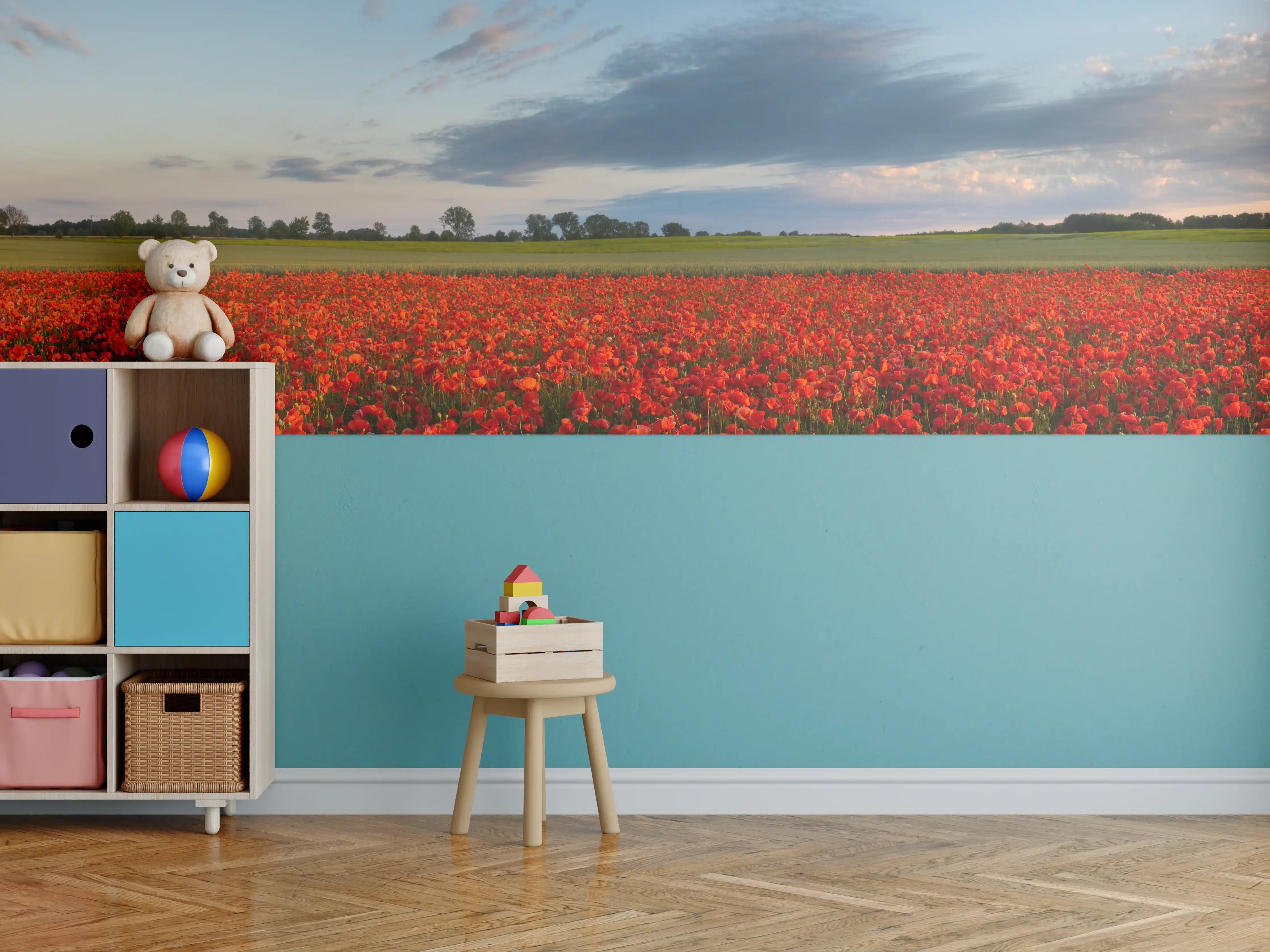 Kinderzimmer Wandgestaltung - Leuchtende Rote Mohnblumenwiese bei Sonnenuntergang