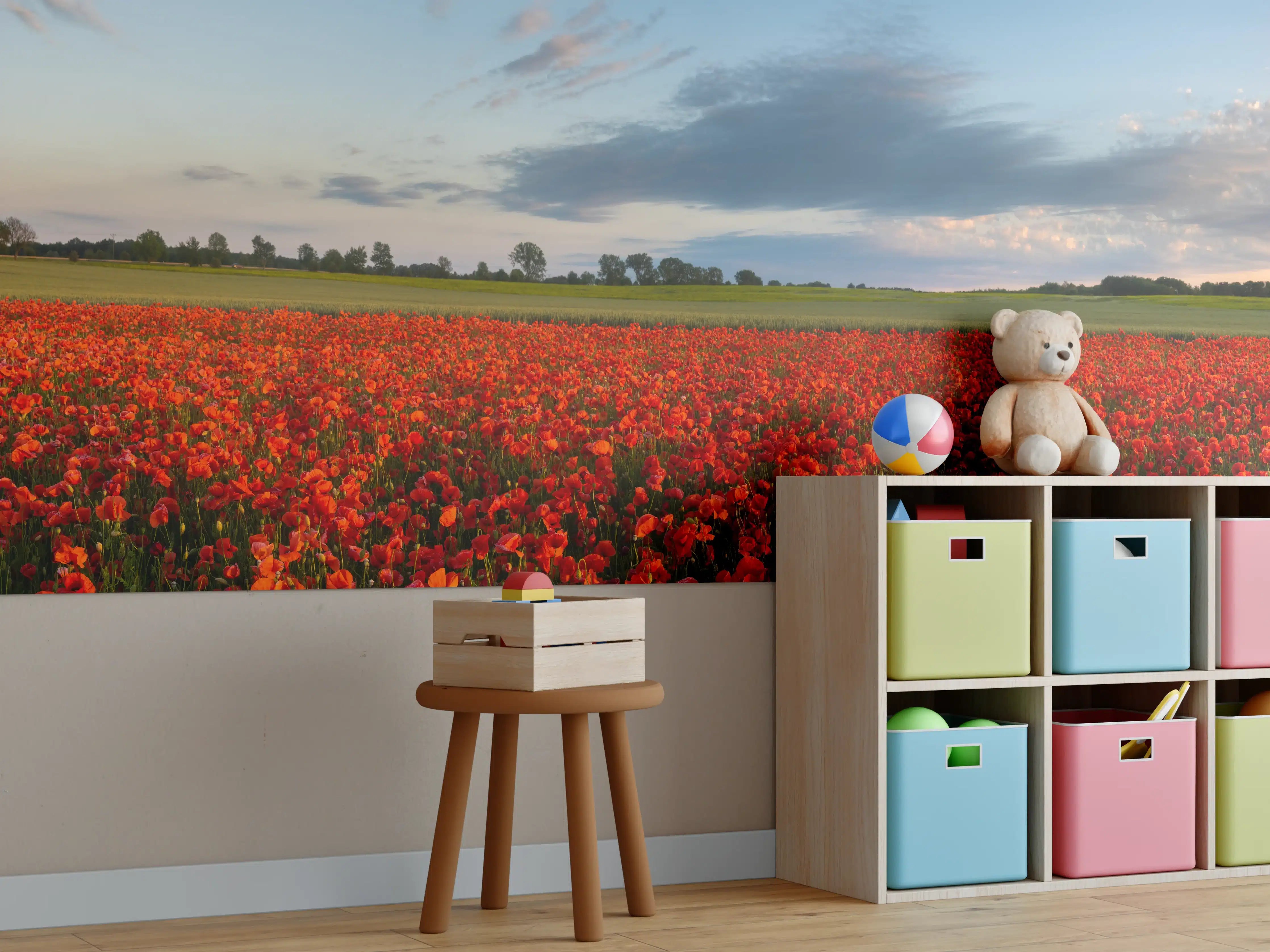 Kinderzimmer Wandgestaltung - Leuchtende Rote Mohnblumenwiese bei Sonnenuntergang