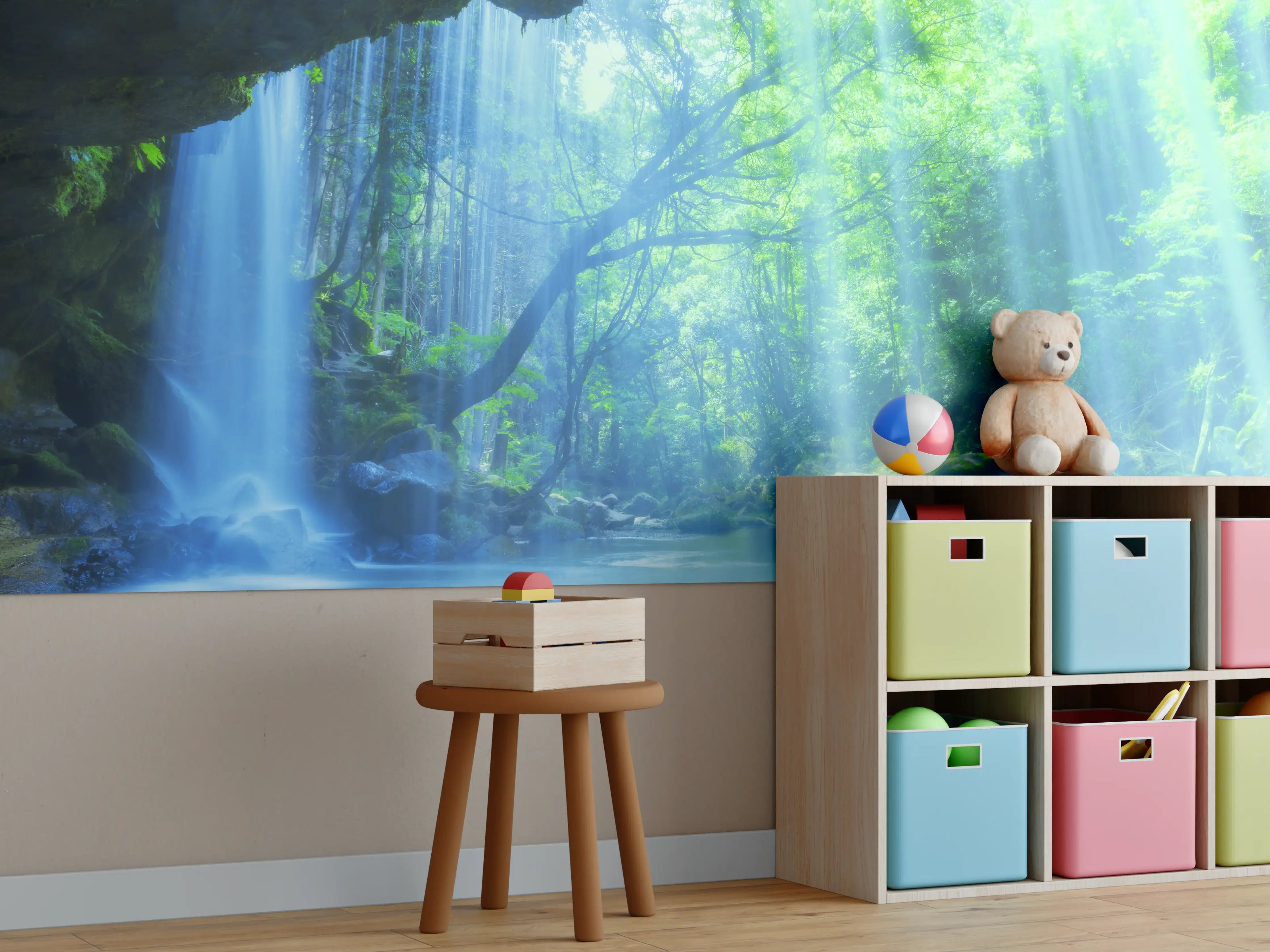 Kinderzimmer Wandgestaltung - Leuchtende Wasserfälle im grünen Dschungel