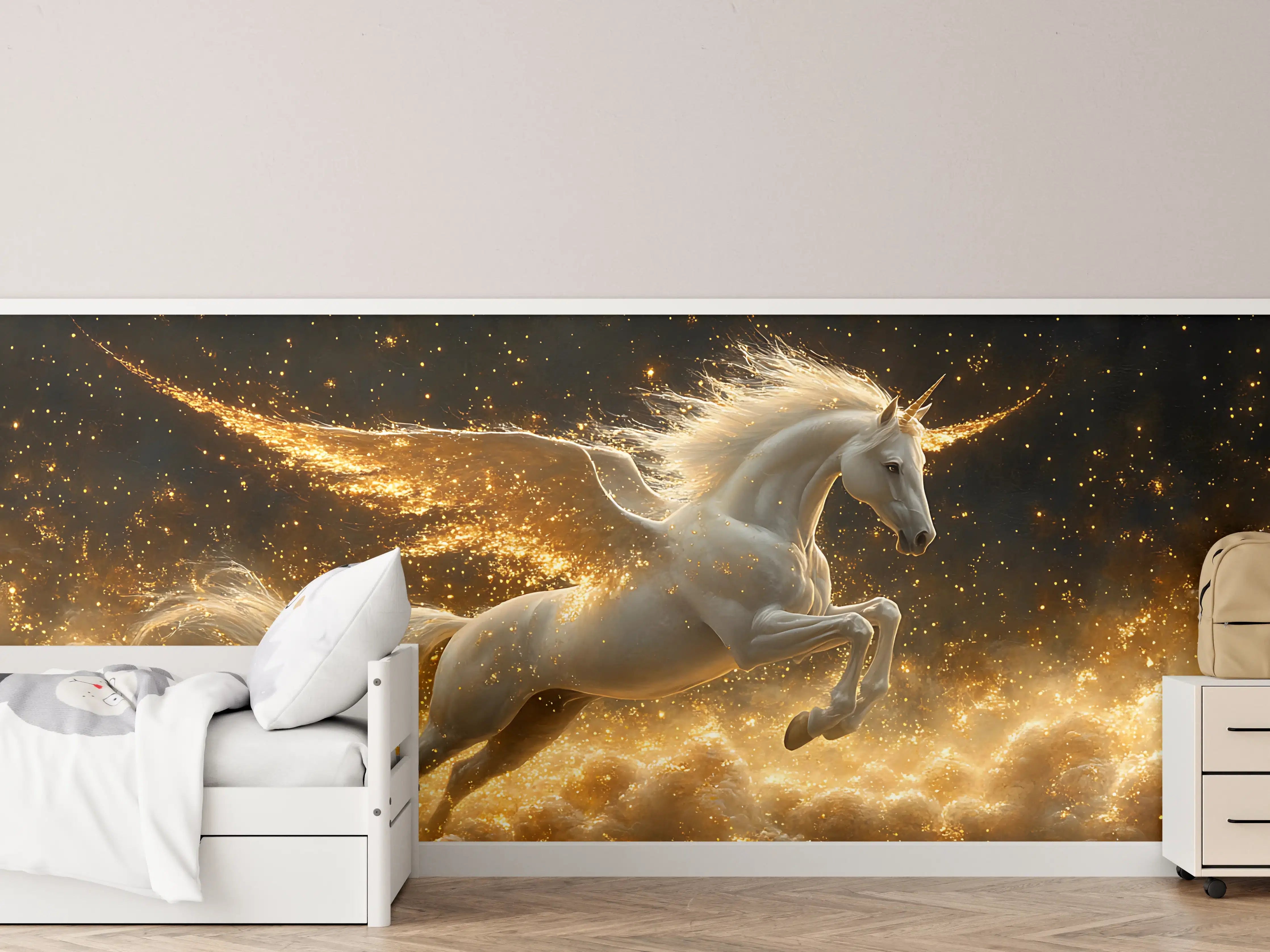 Kinderzimmer Wandgestaltung - Leuchtender Einhorn-Drache im magischen Himmel