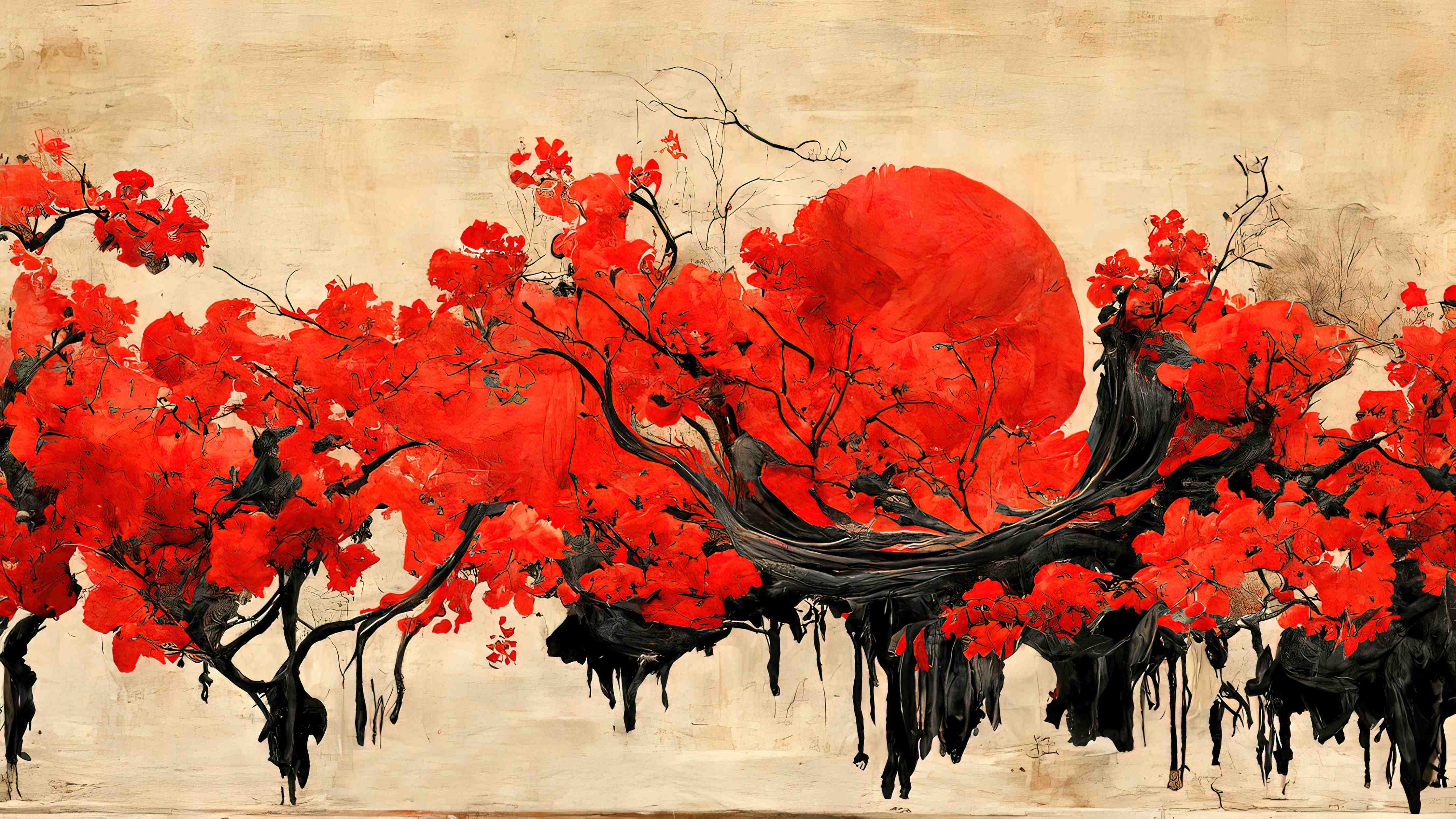 Kinderzimmer Wandgestaltung-Leuchtender roter Sonnenuntergang hinter Kirschblüten