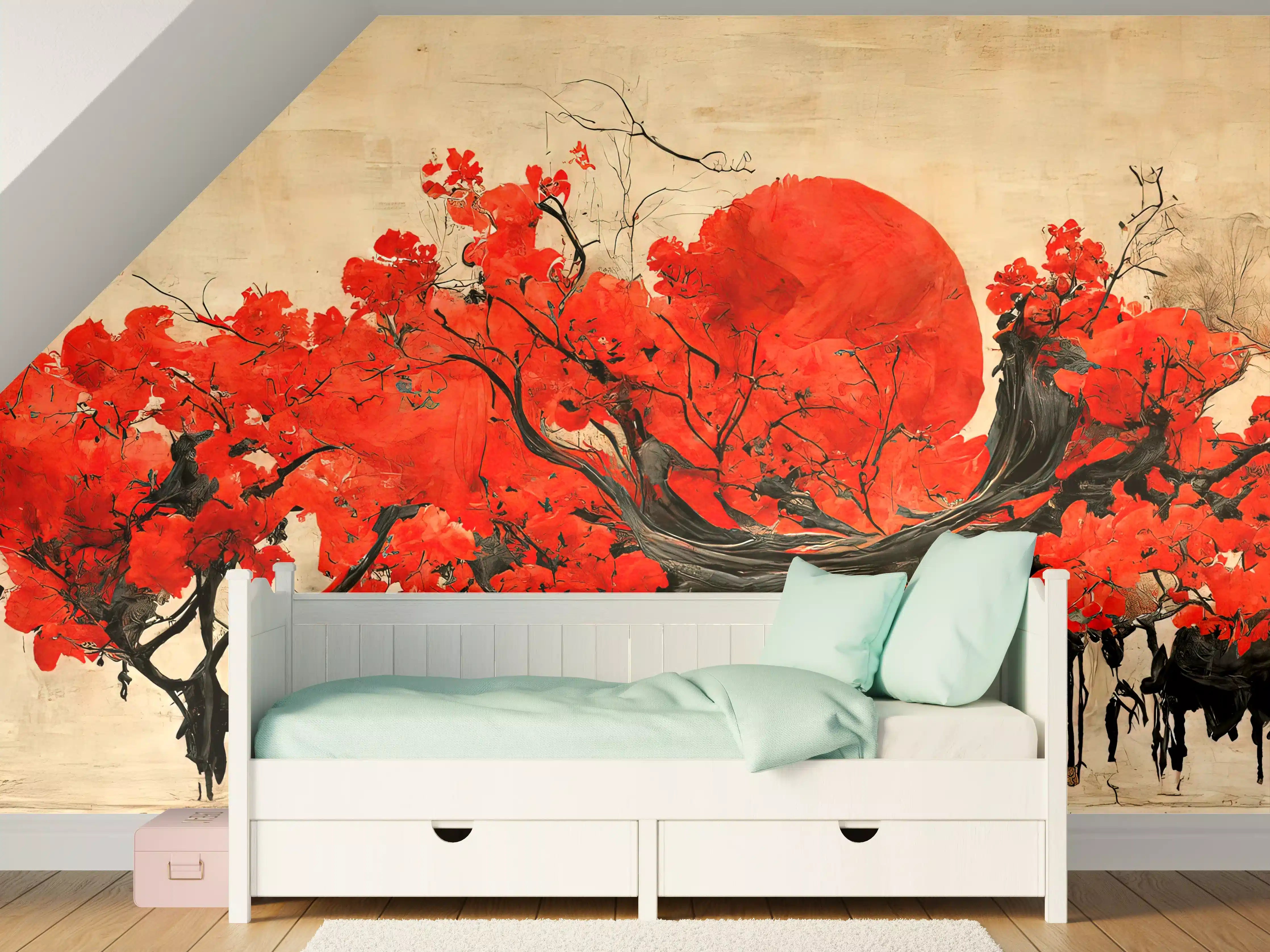 Kinderzimmer Wandgestaltung - Leuchtender roter Sonnenuntergang hinter Kirschblüten