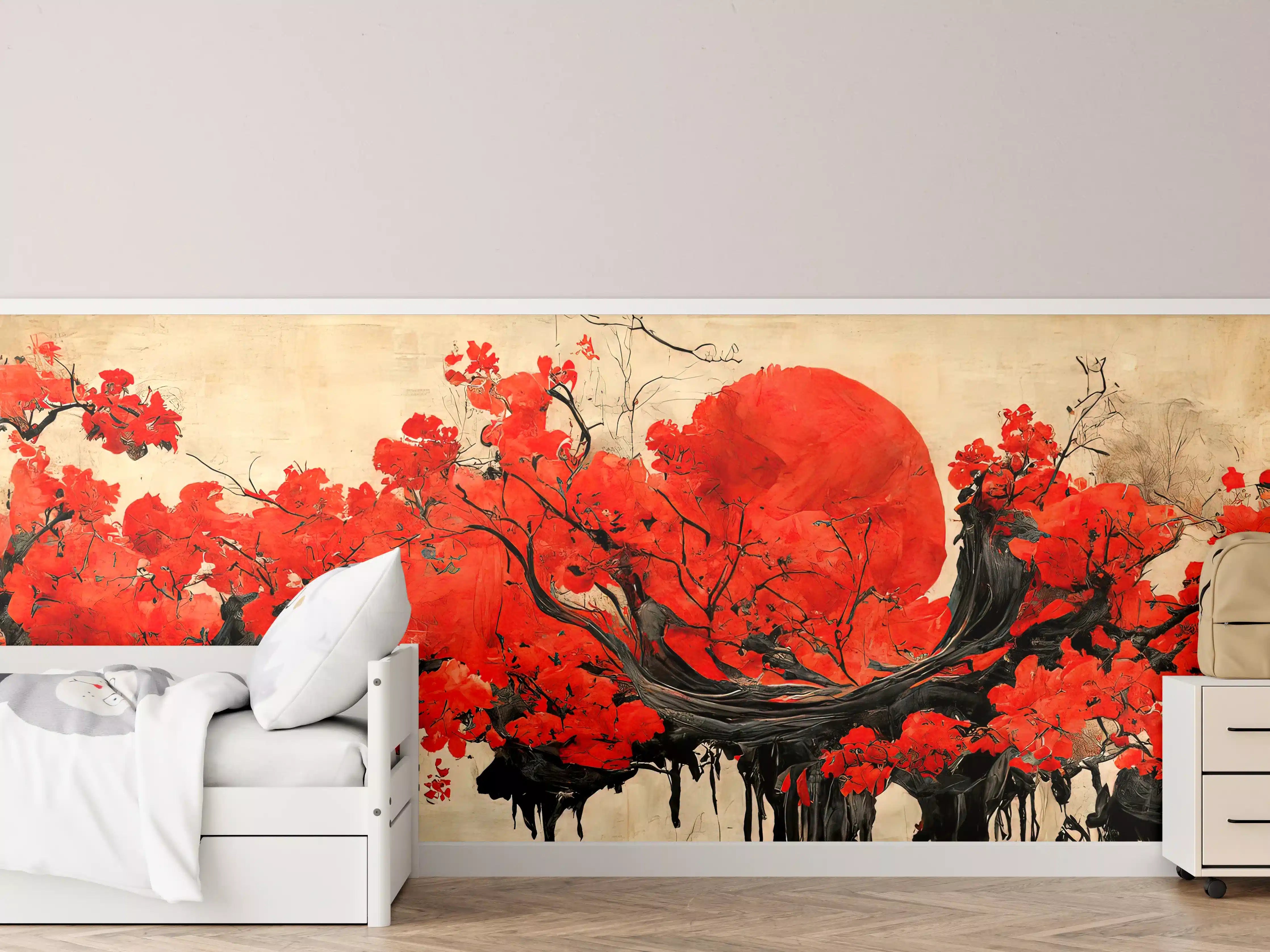Kinderzimmer Wandgestaltung - Leuchtender roter Sonnenuntergang hinter Kirschblüten