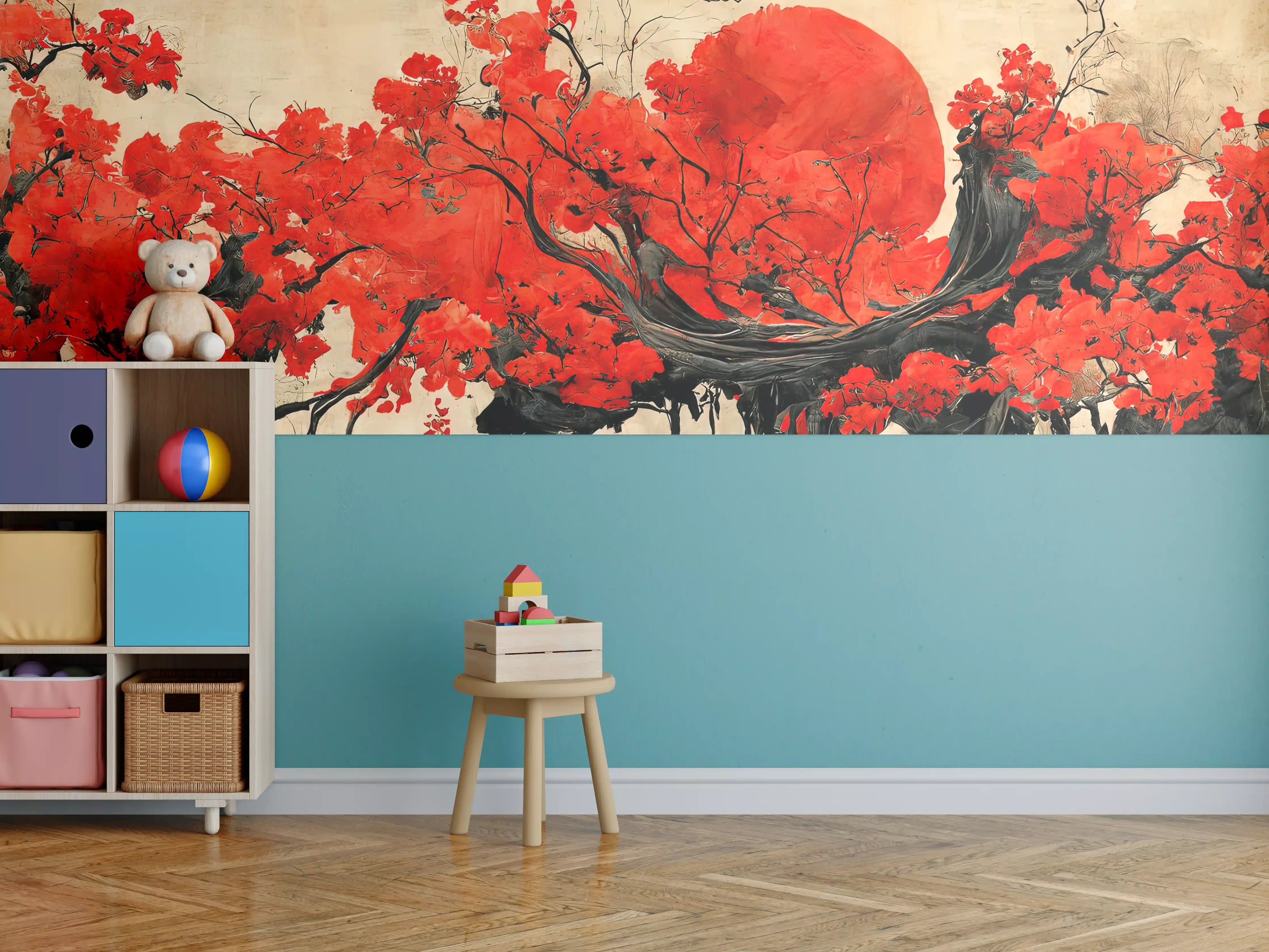 Kinderzimmer Wandgestaltung - Leuchtender roter Sonnenuntergang hinter Kirschblüten