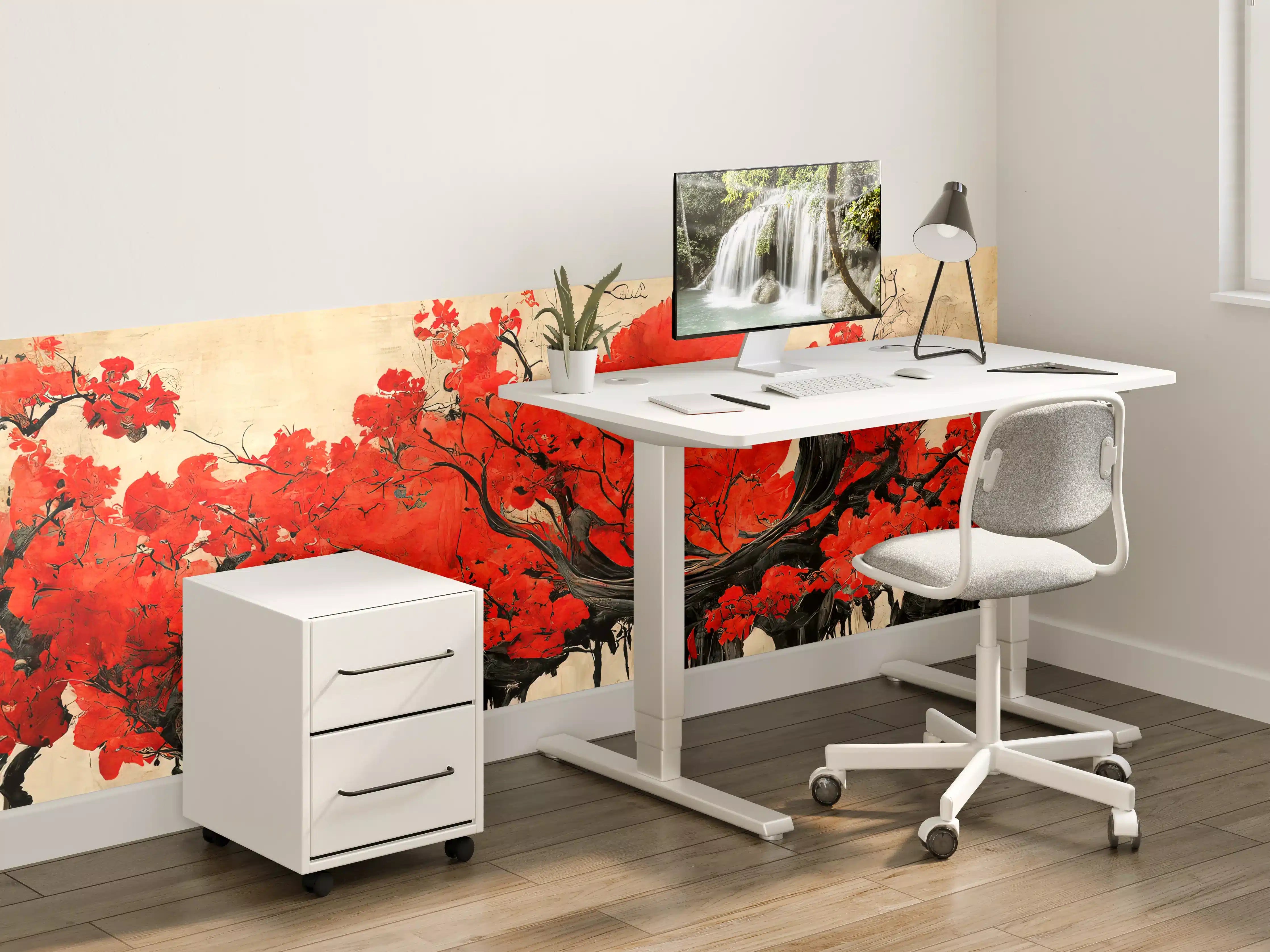 Kinderzimmer Wandgestaltung - Leuchtender roter Sonnenuntergang hinter Kirschblüten