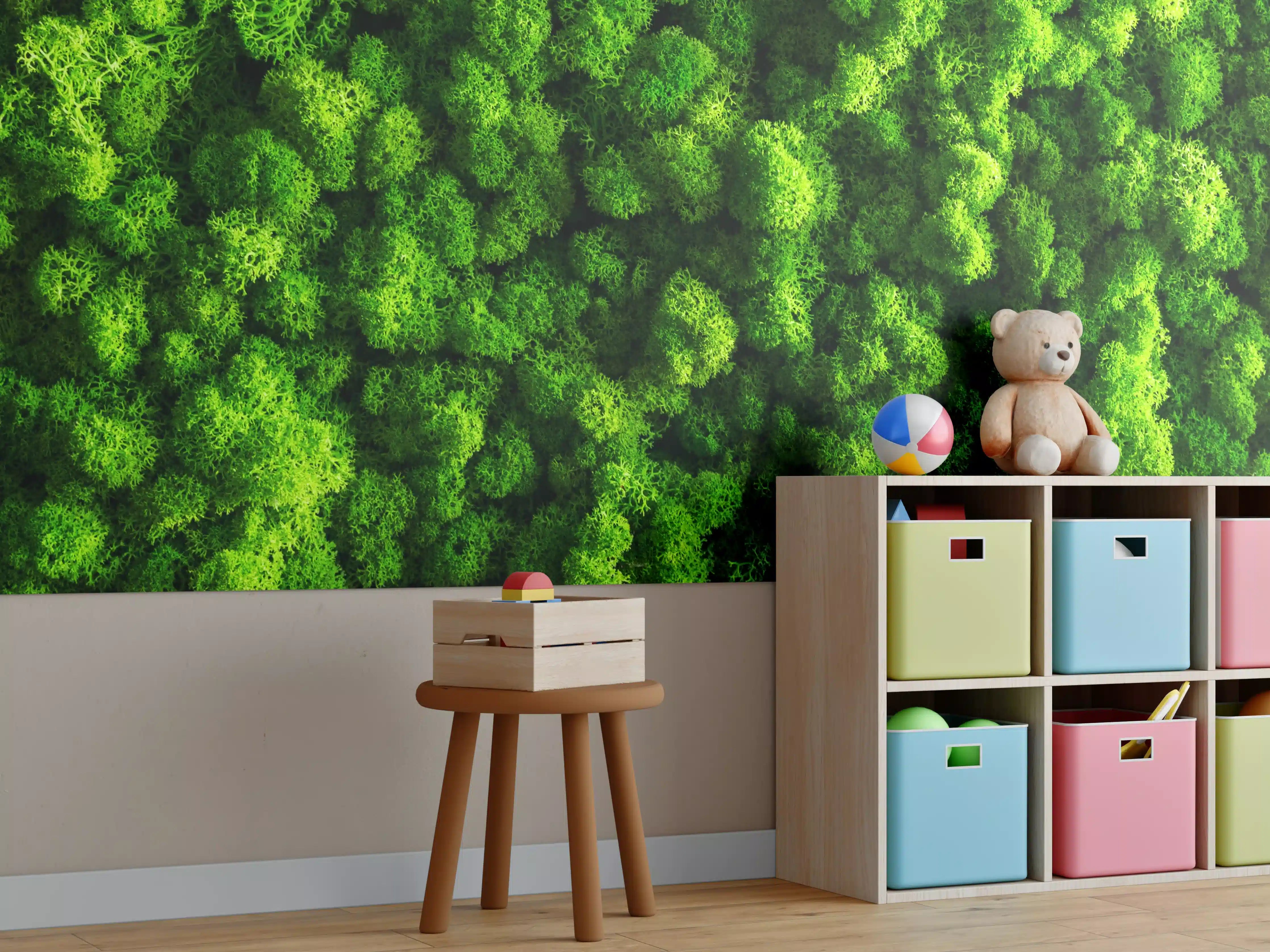 Kinderzimmer Wandgestaltung - Leuchtendes Grünes Moos in Nahaufnahme