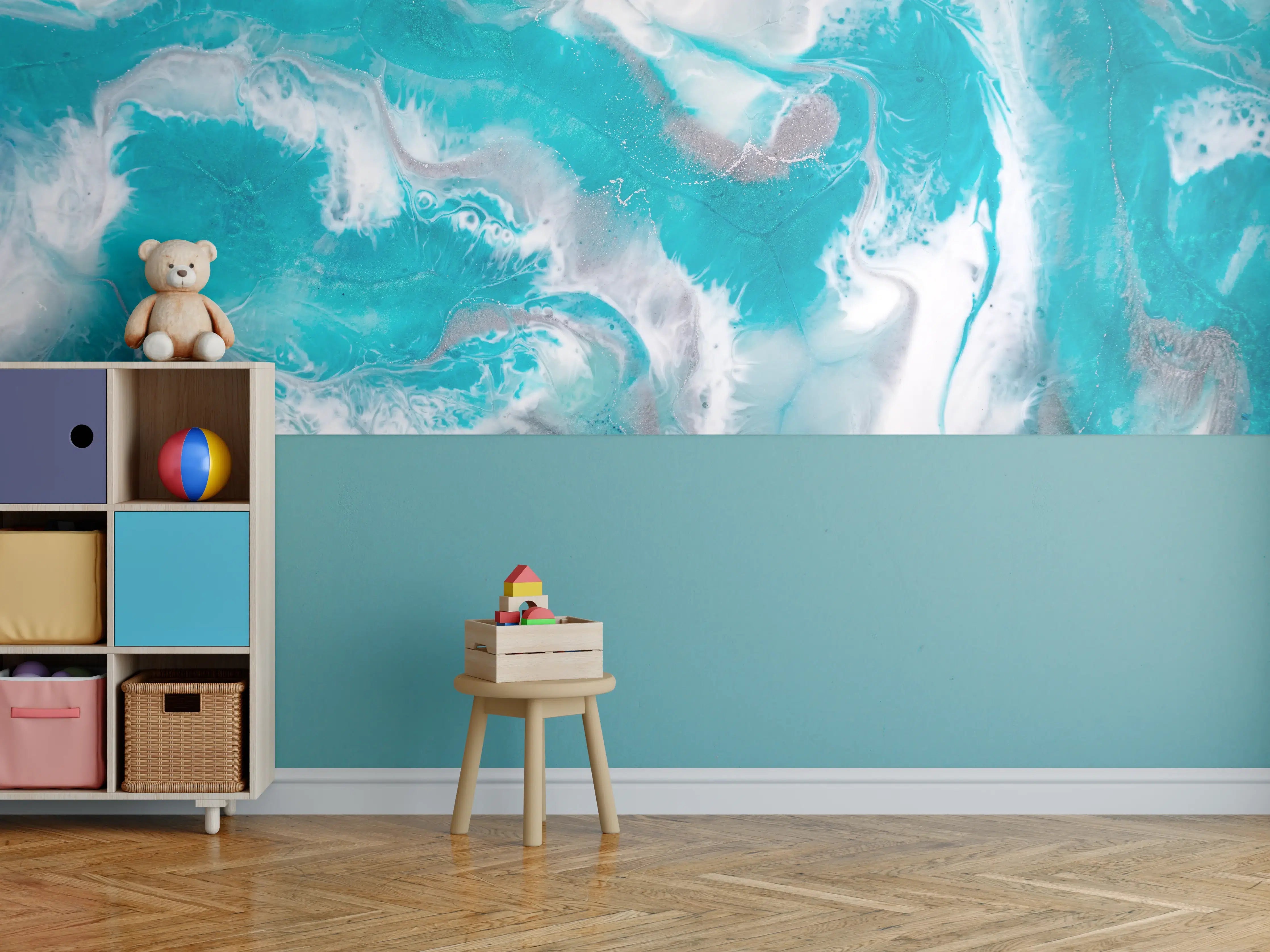 Kinderzimmer Wandgestaltung - Leuchtendes Meer aus Blau und Weiß