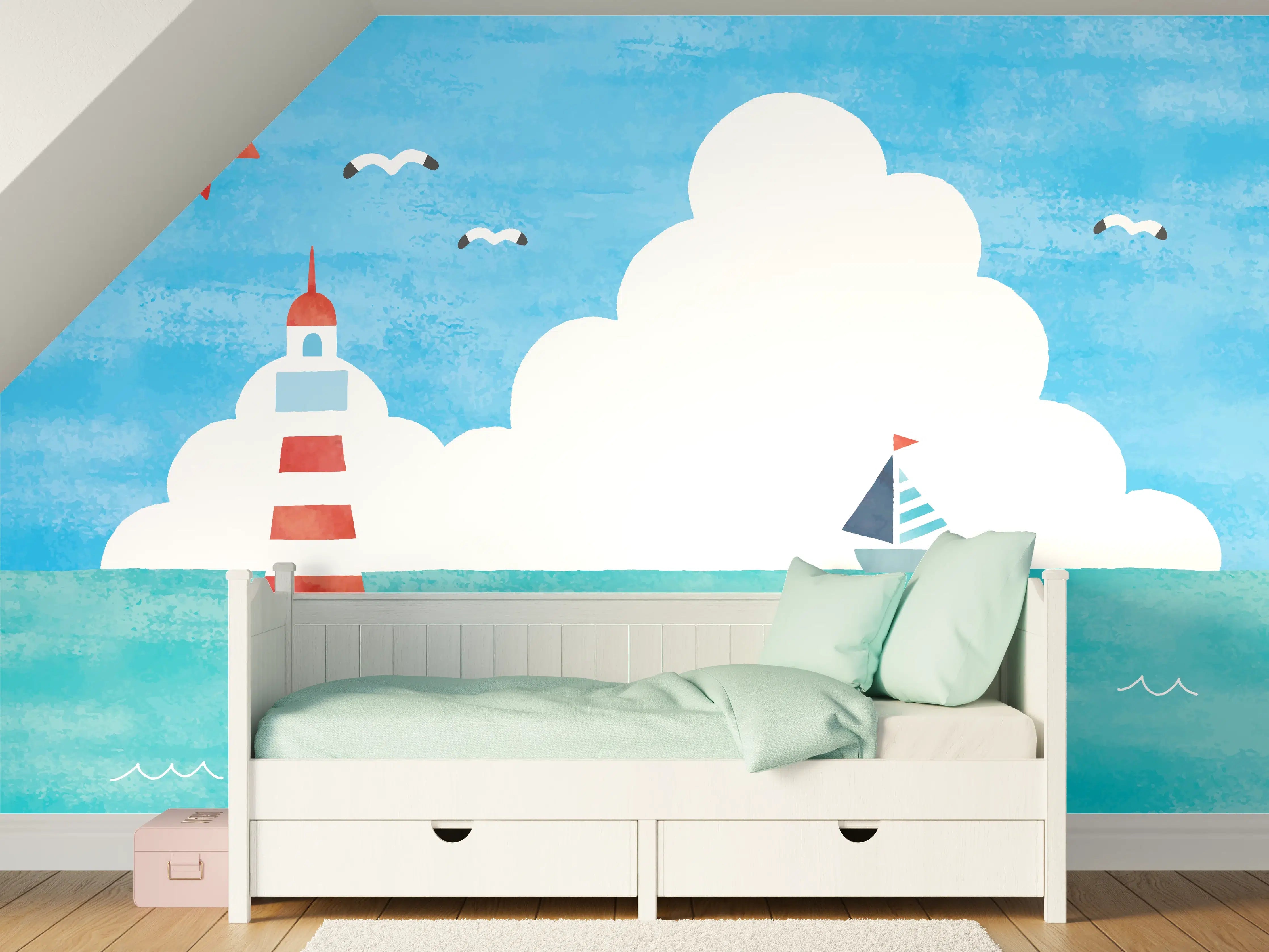 Kinderzimmer Wandgestaltung - Leuchtturm Aquarell Meer