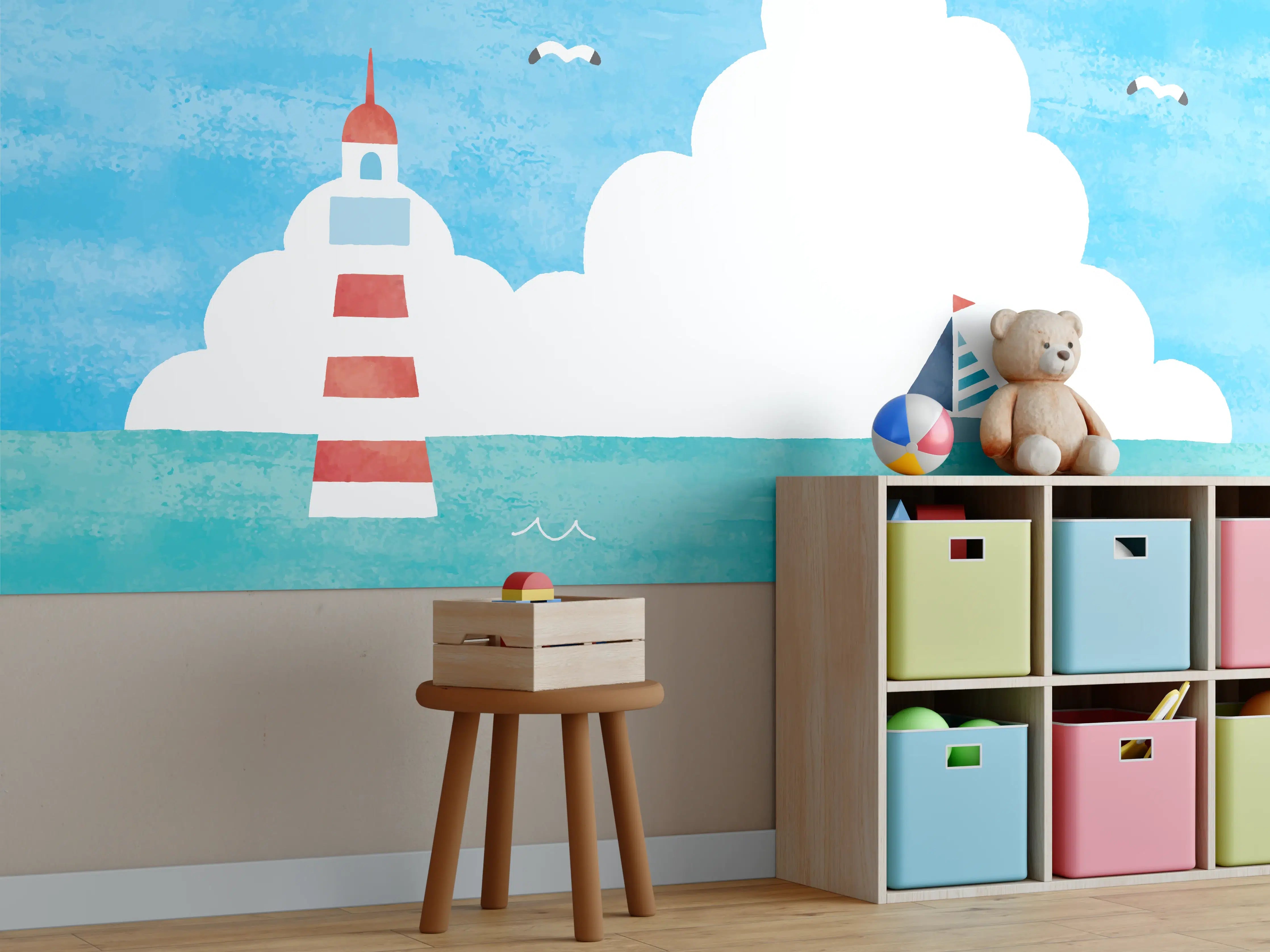 Kinderzimmer Wandgestaltung - Leuchtturm Aquarell Meer