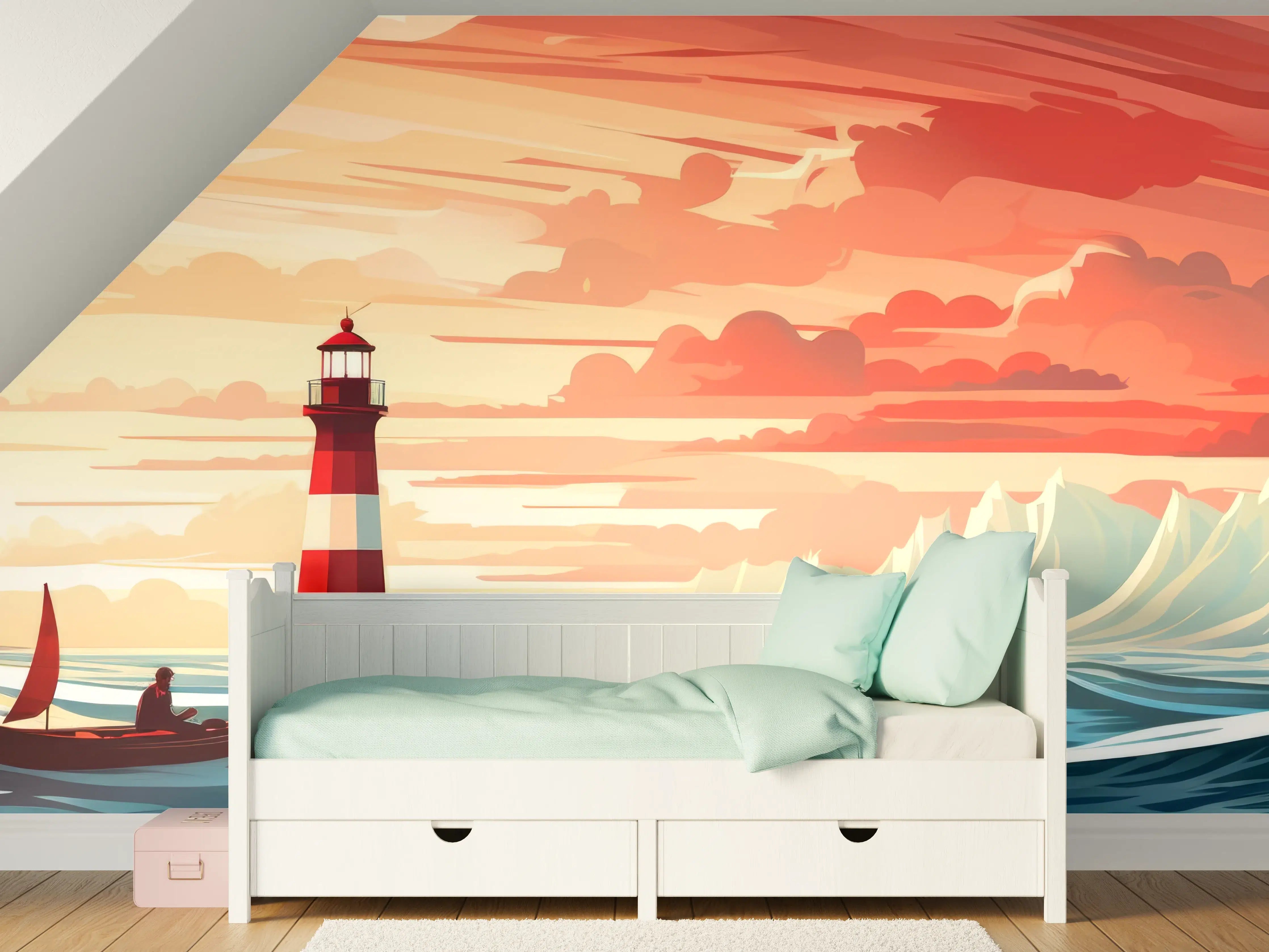 Kinderzimmer Wandgestaltung - Leuchtturm am Sonnenuntergang