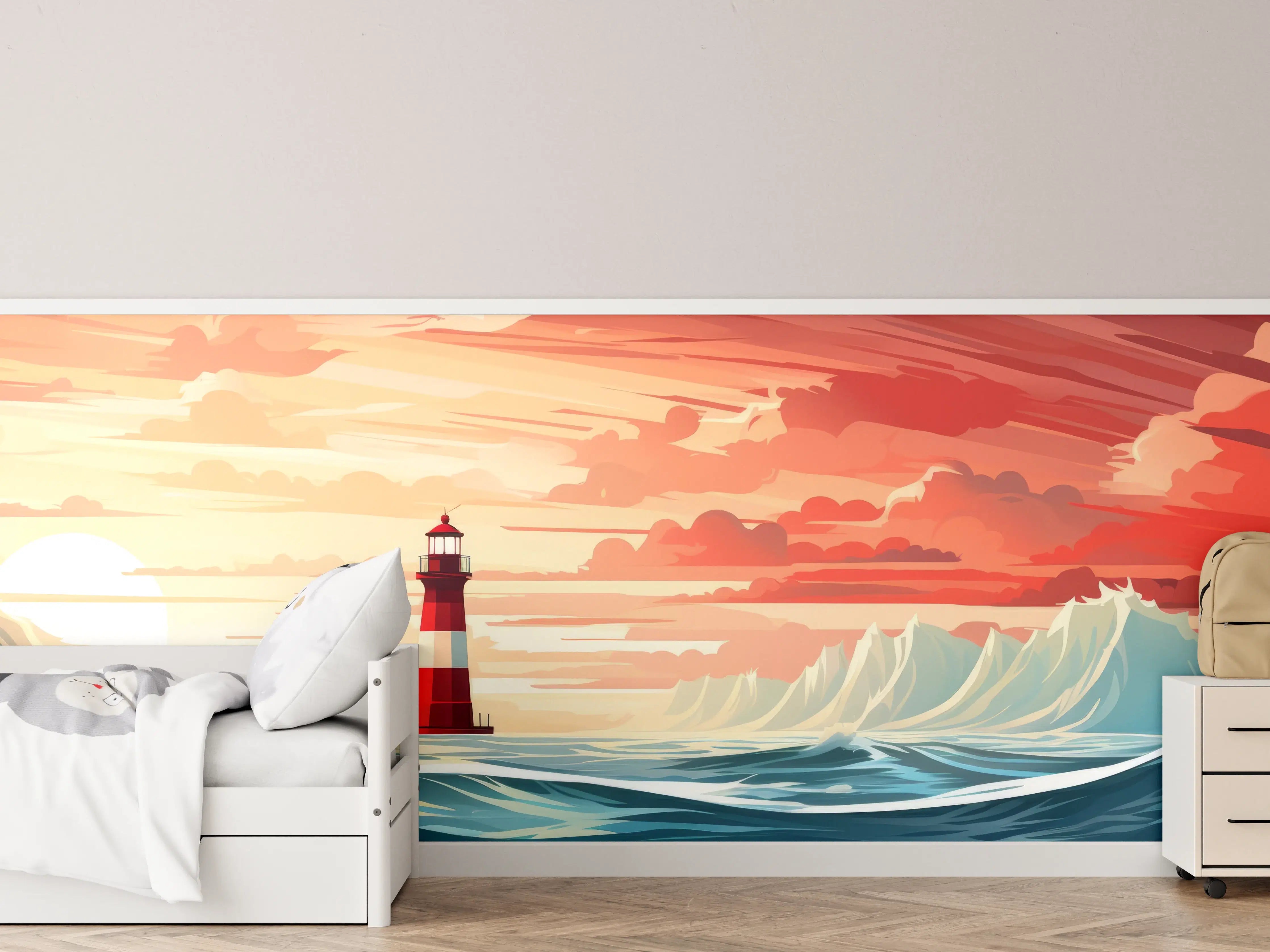 Kinderzimmer Wandgestaltung - Leuchtturm am Sonnenuntergang