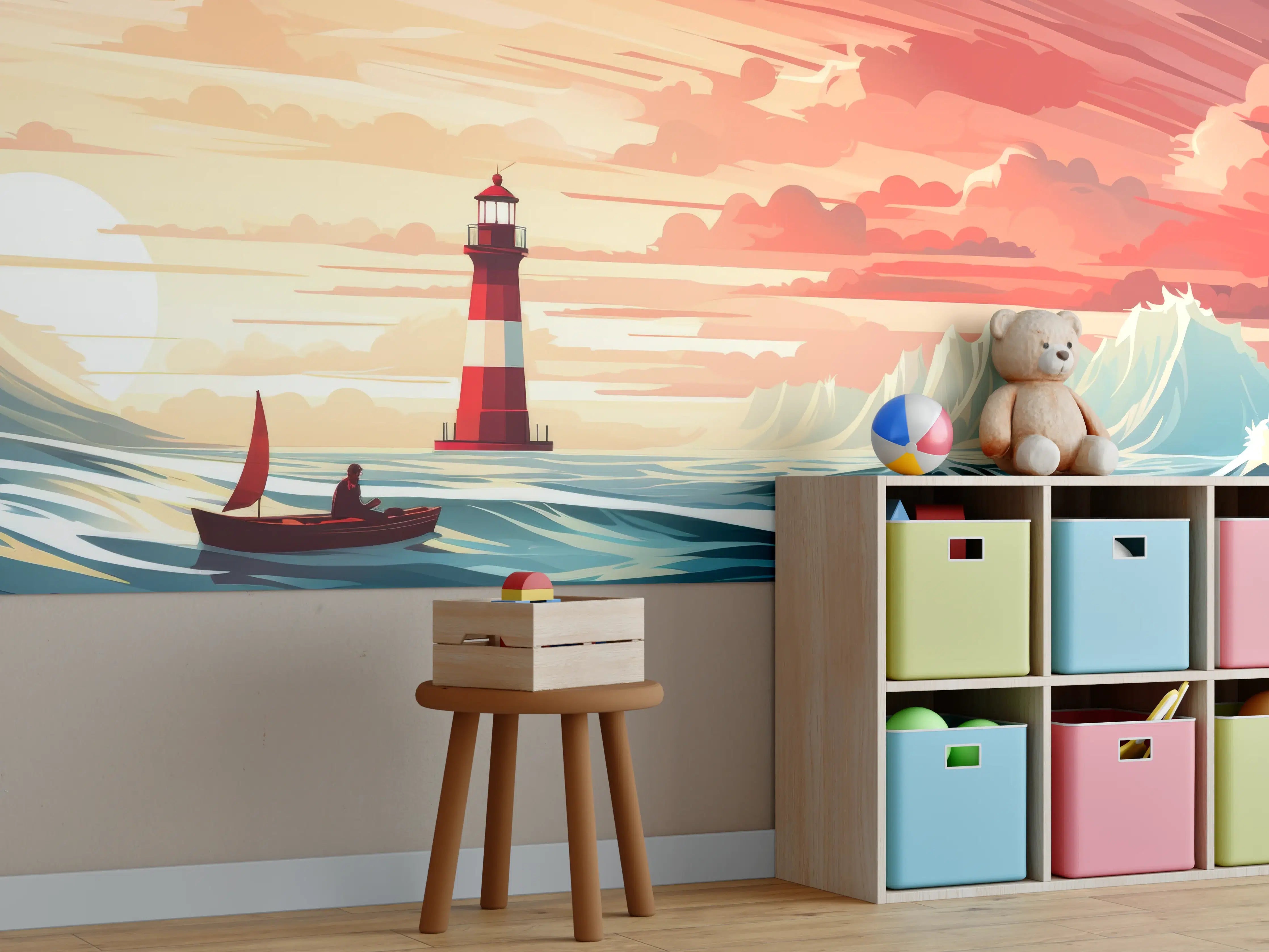 Kinderzimmer Wandgestaltung - Leuchtturm am Sonnenuntergang