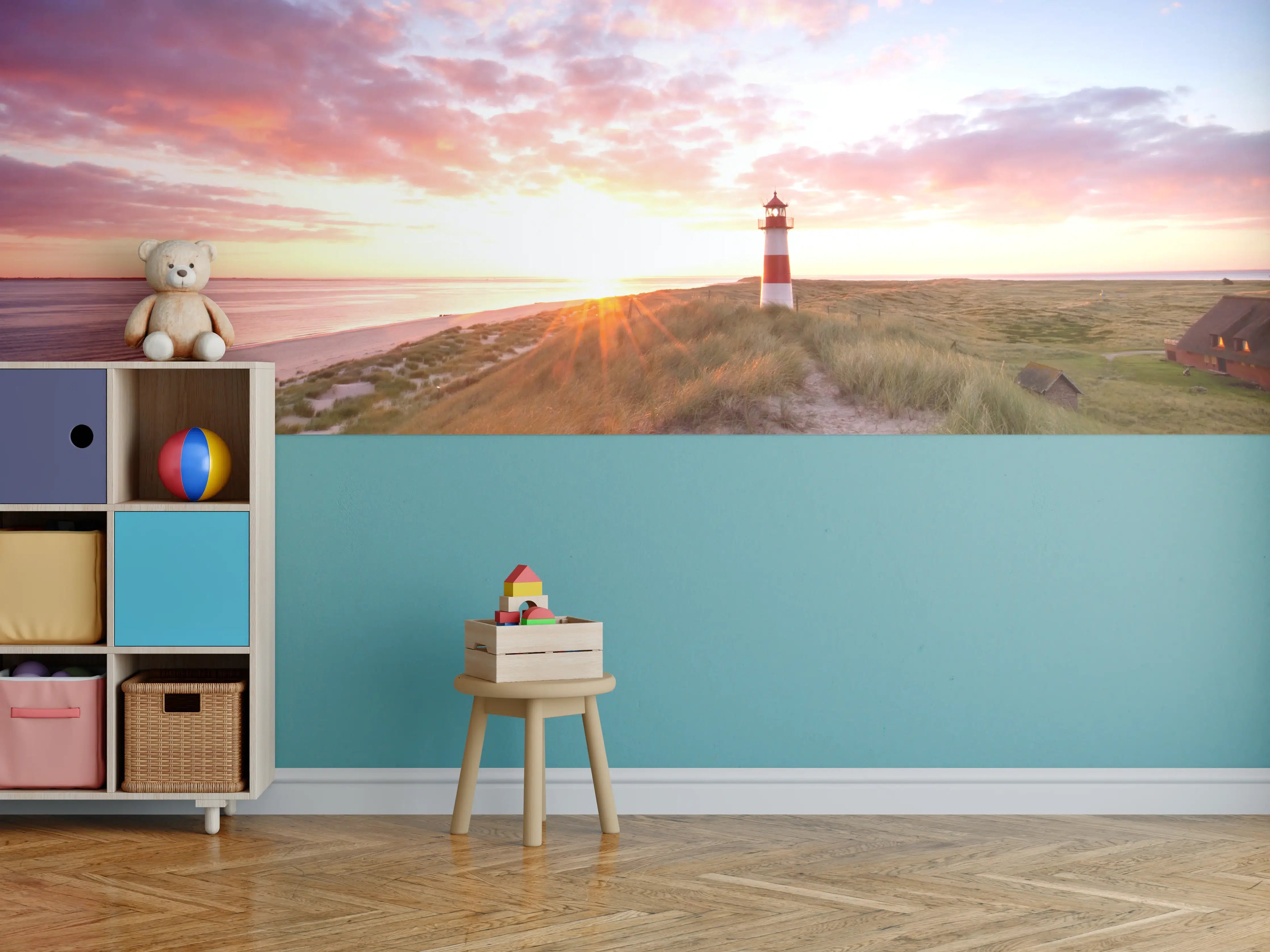 Kinderzimmer Wandgestaltung - Leuchtturm im silbernen Dämmerlicht